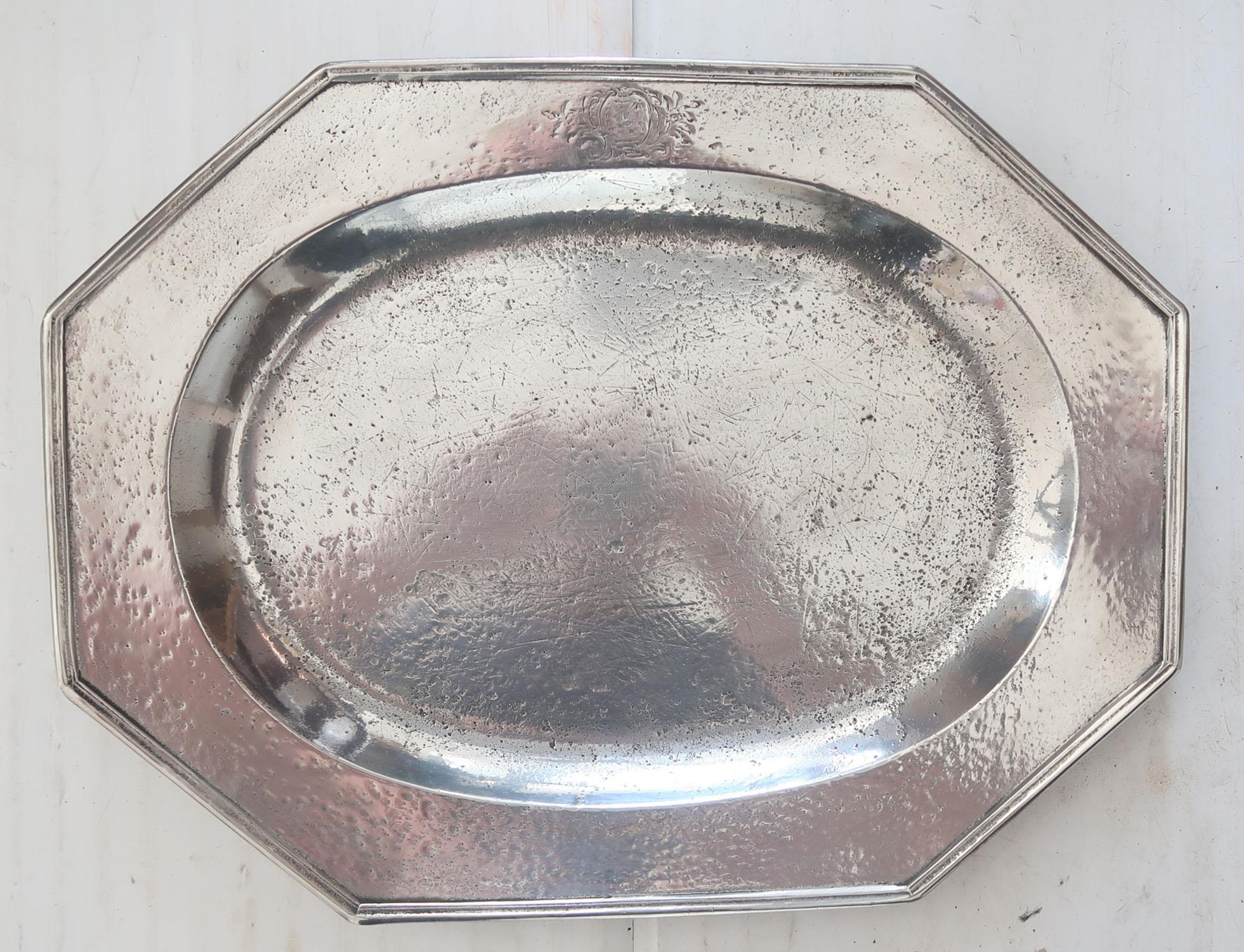 Georgian Large Antique Brightly Polished Pewter Meat Plate with Armorial