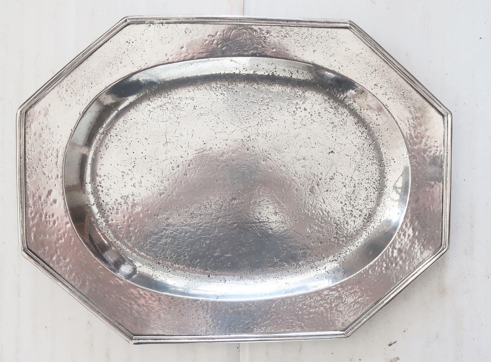 Late 18th Century  Large Antique Brightly Polished Pewter Meat Plate with Armorial. 