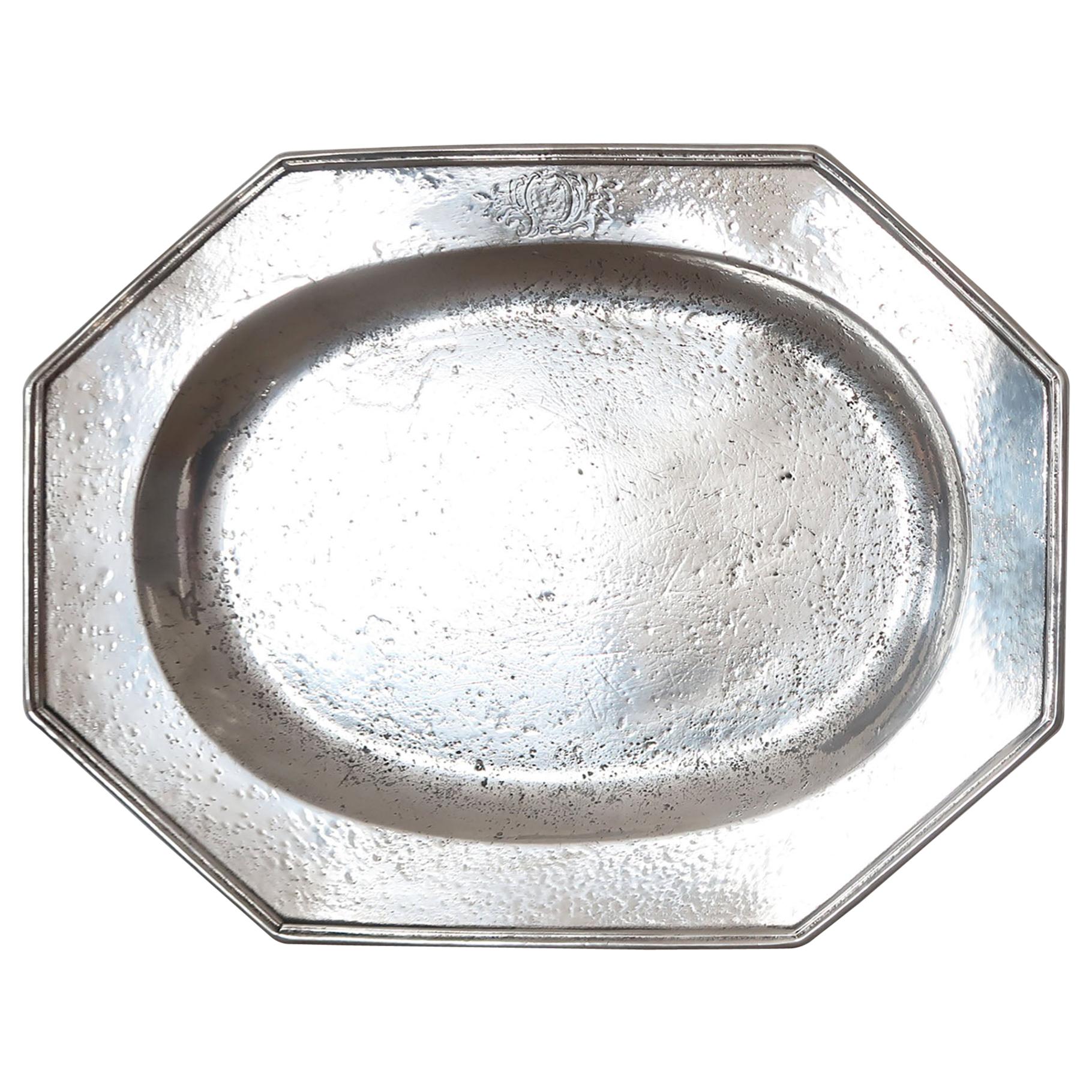  Large Antique Brightly Polished Pewter Meat Plate with Armorial. 