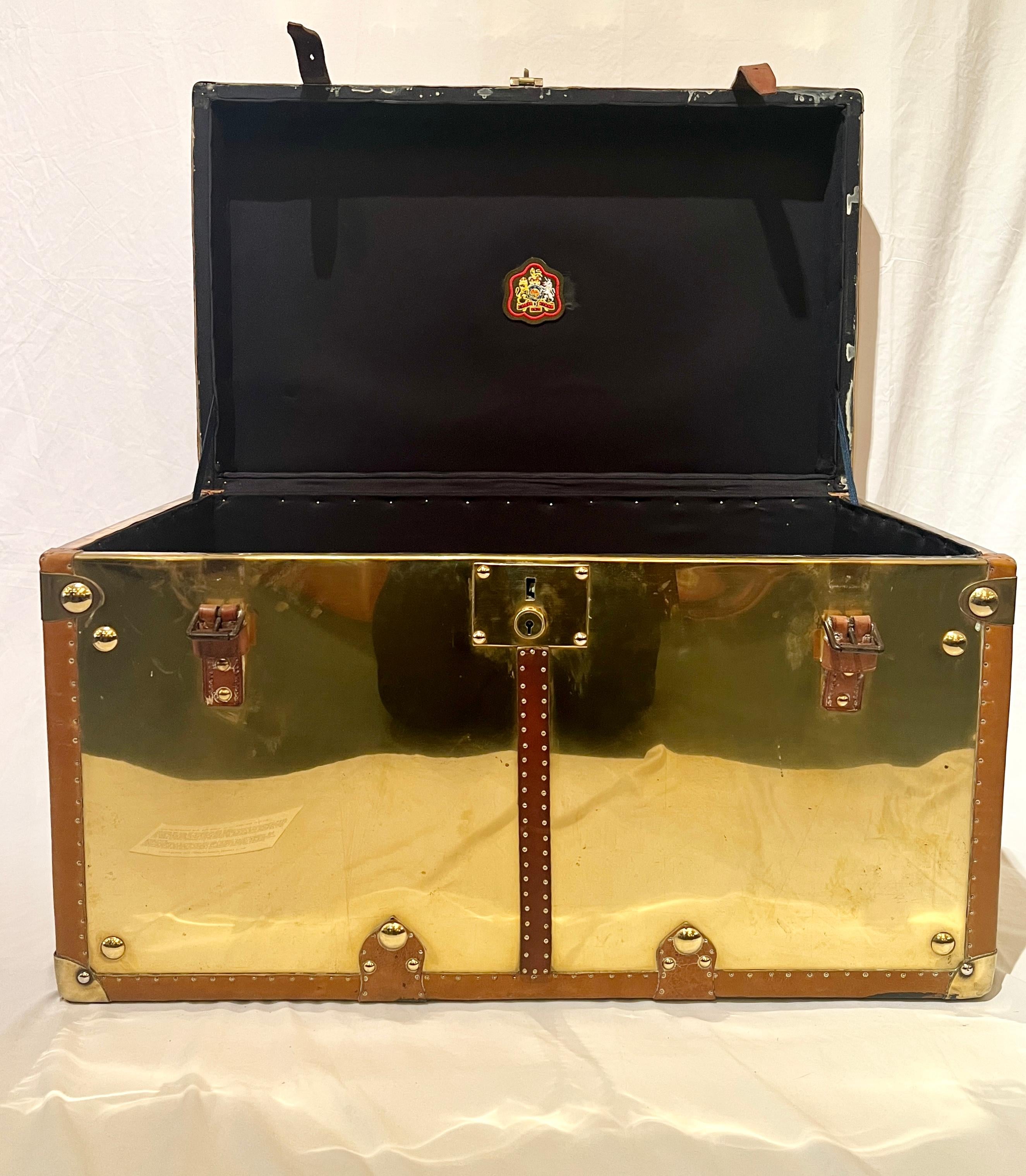 English Large Antique British Leather & Brass Military Trunk, Circa 1910's-1920's.