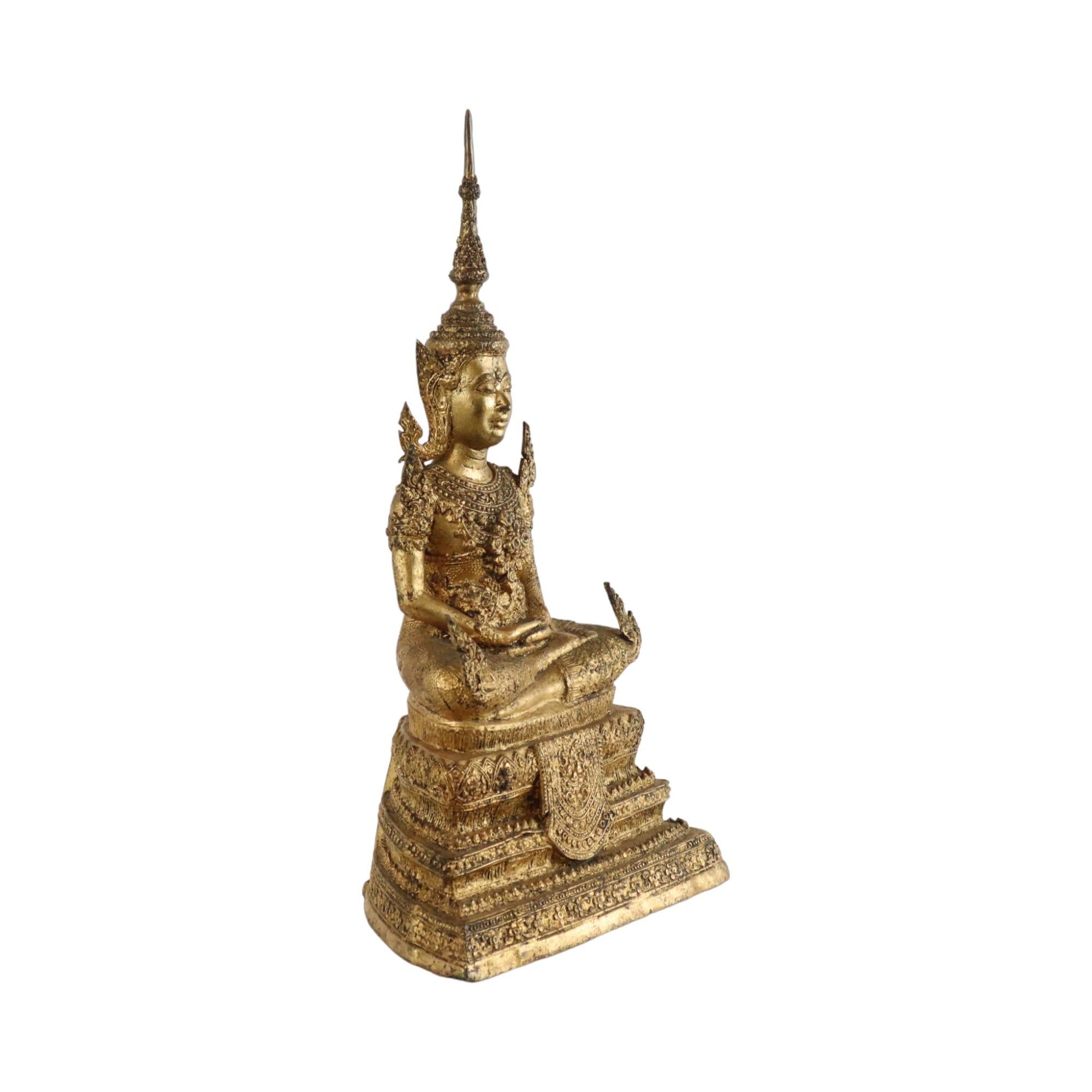 Gilt Large Antique Bronze Buddha 24 Carat Gold 19th Century Thailand For Sale