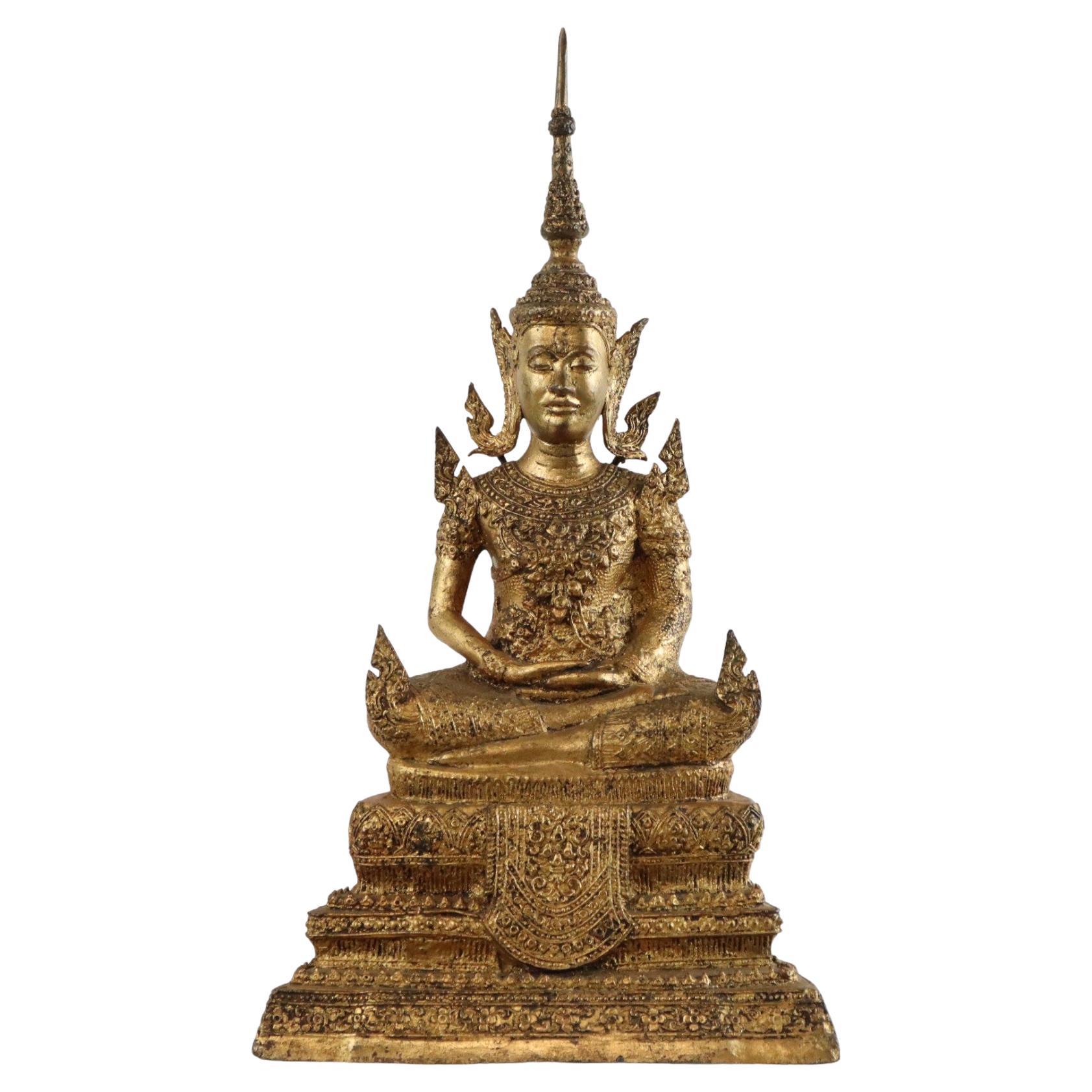 Large Antique Bronze Buddha 24 Carat Gold 19th Century Thailand For Sale