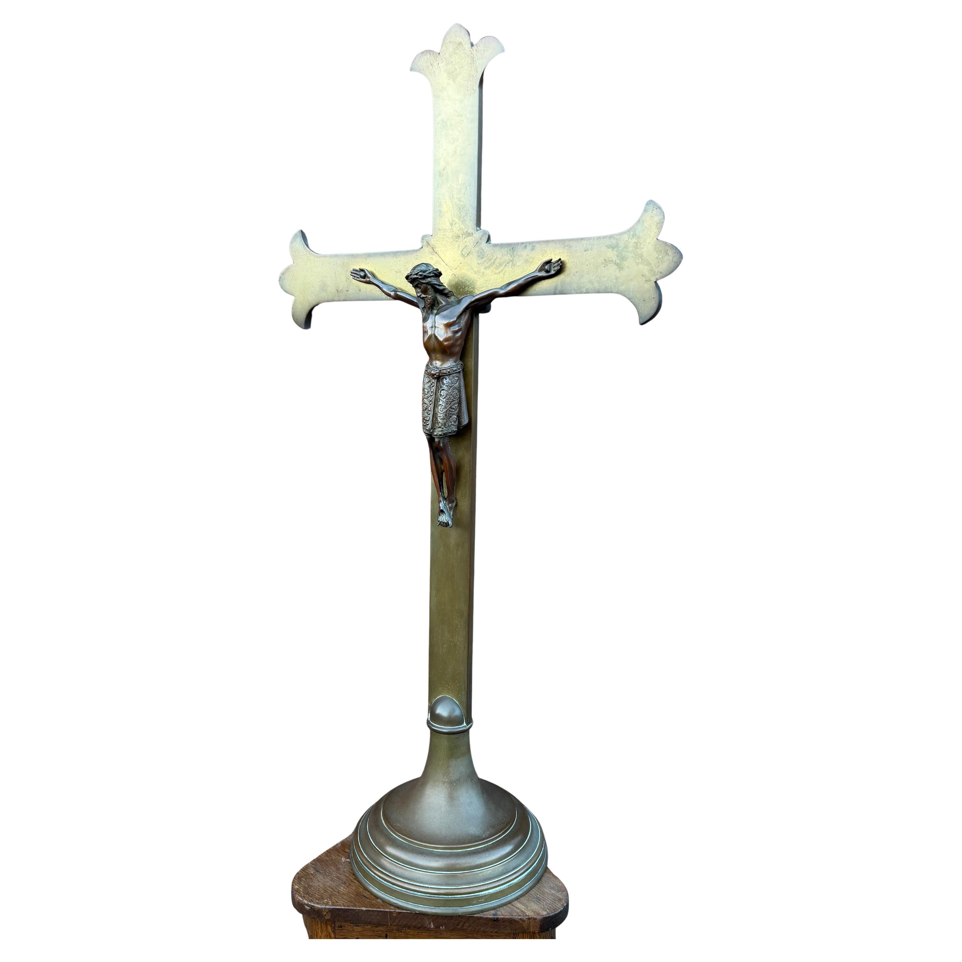 Large Antique Bronze Church Altar Crucifix with Finely Detailed Corpus of Christ