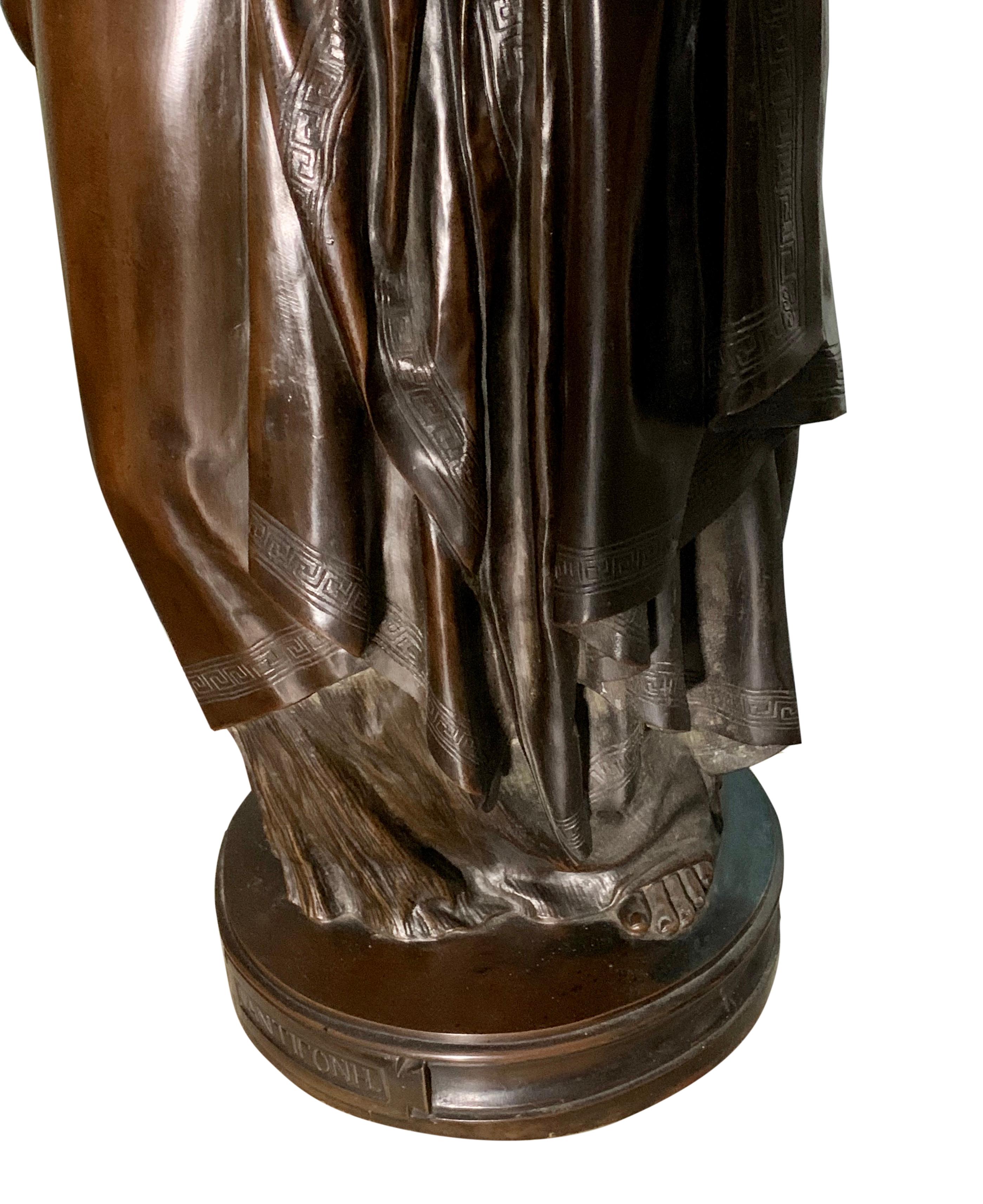 French A Large Patinated Bronze Figure of a Draped Religious Women Titled: Antifonh  For Sale