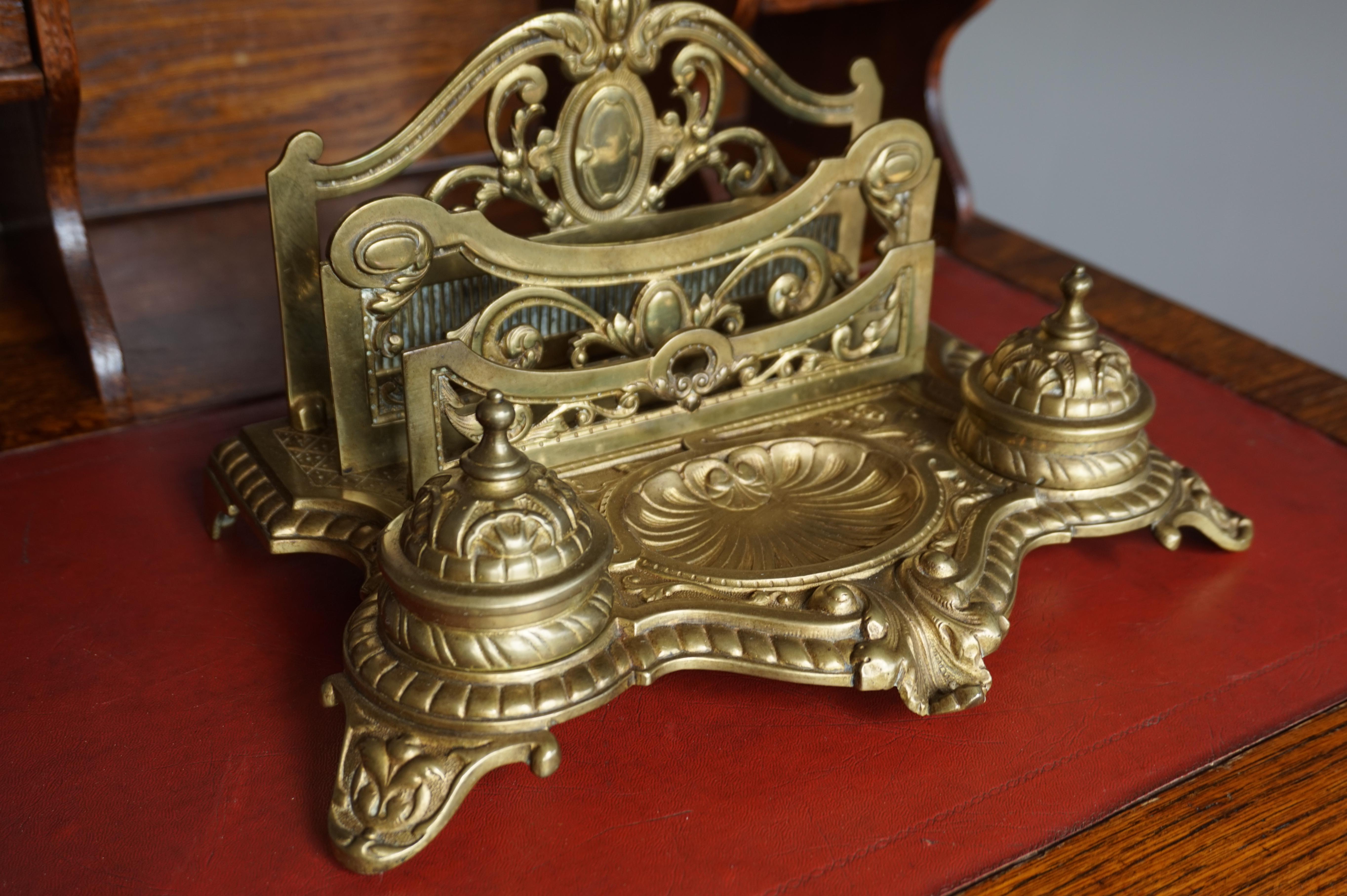 Large Bronze Desk Stand with Inkwells Letter Rack and Porcelain Ink Holders For Sale 3