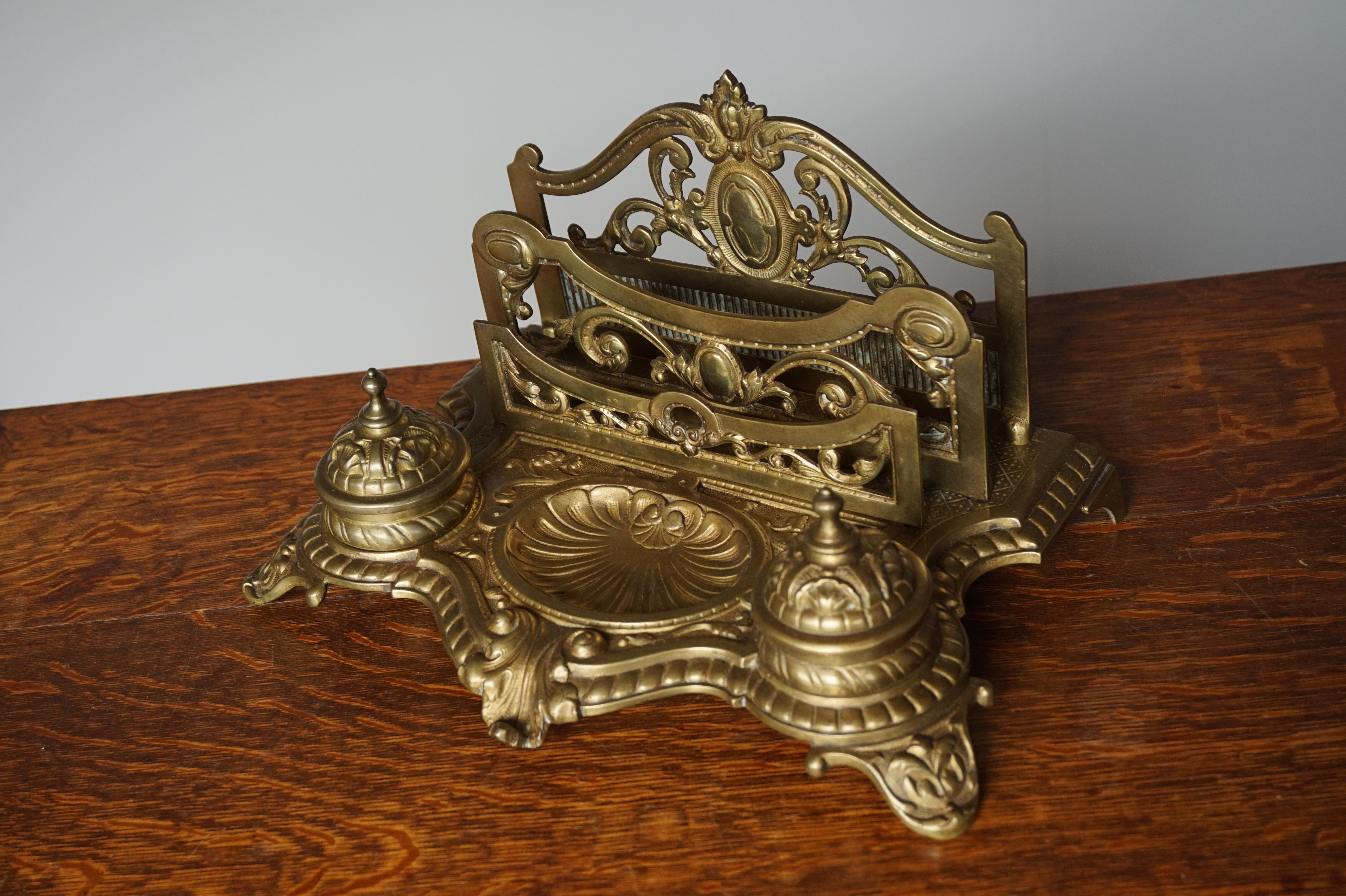 Large Bronze Desk Stand with Inkwells Letter Rack and Porcelain Ink Holders For Sale 5