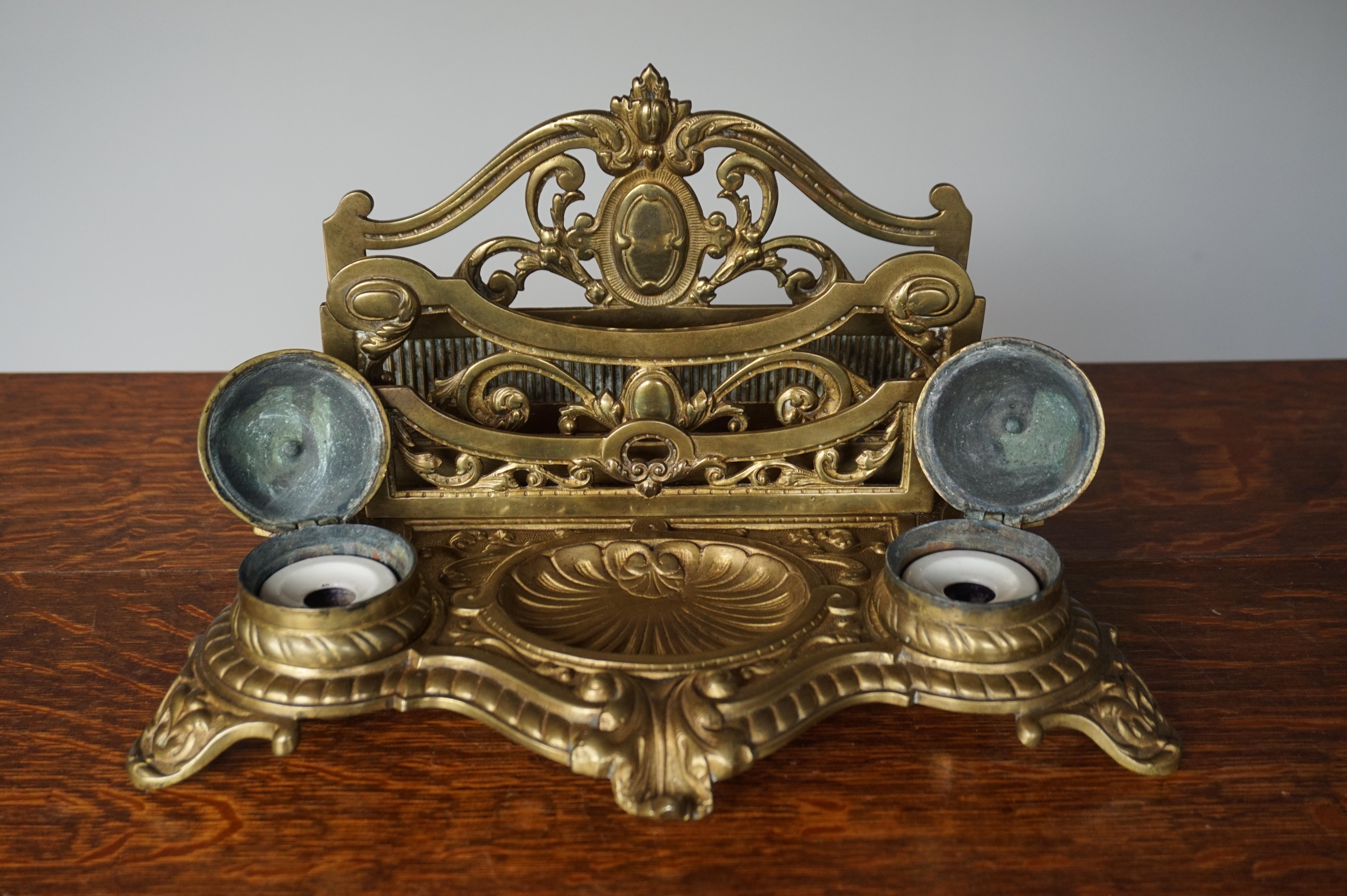 Large, late 19th century, hand-engraved bronze desk stand.

This antique and rather sizeable bronze inkstand is highly decorative, in very good condition and it is one of the heaviest we ever had the pleasure of offering. This solid bronze and heavy