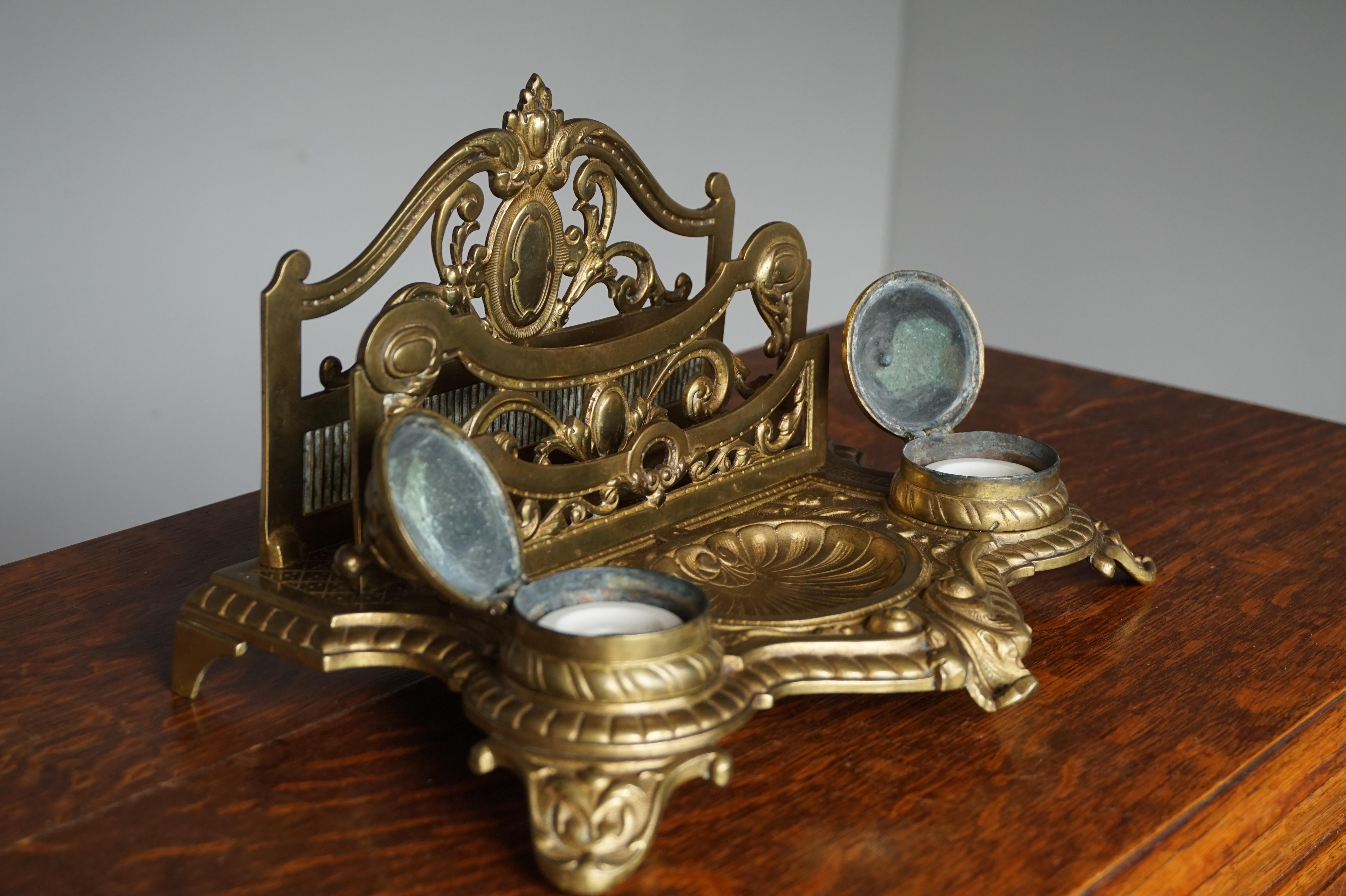 French Large Bronze Desk Stand with Inkwells Letter Rack and Porcelain Ink Holders For Sale