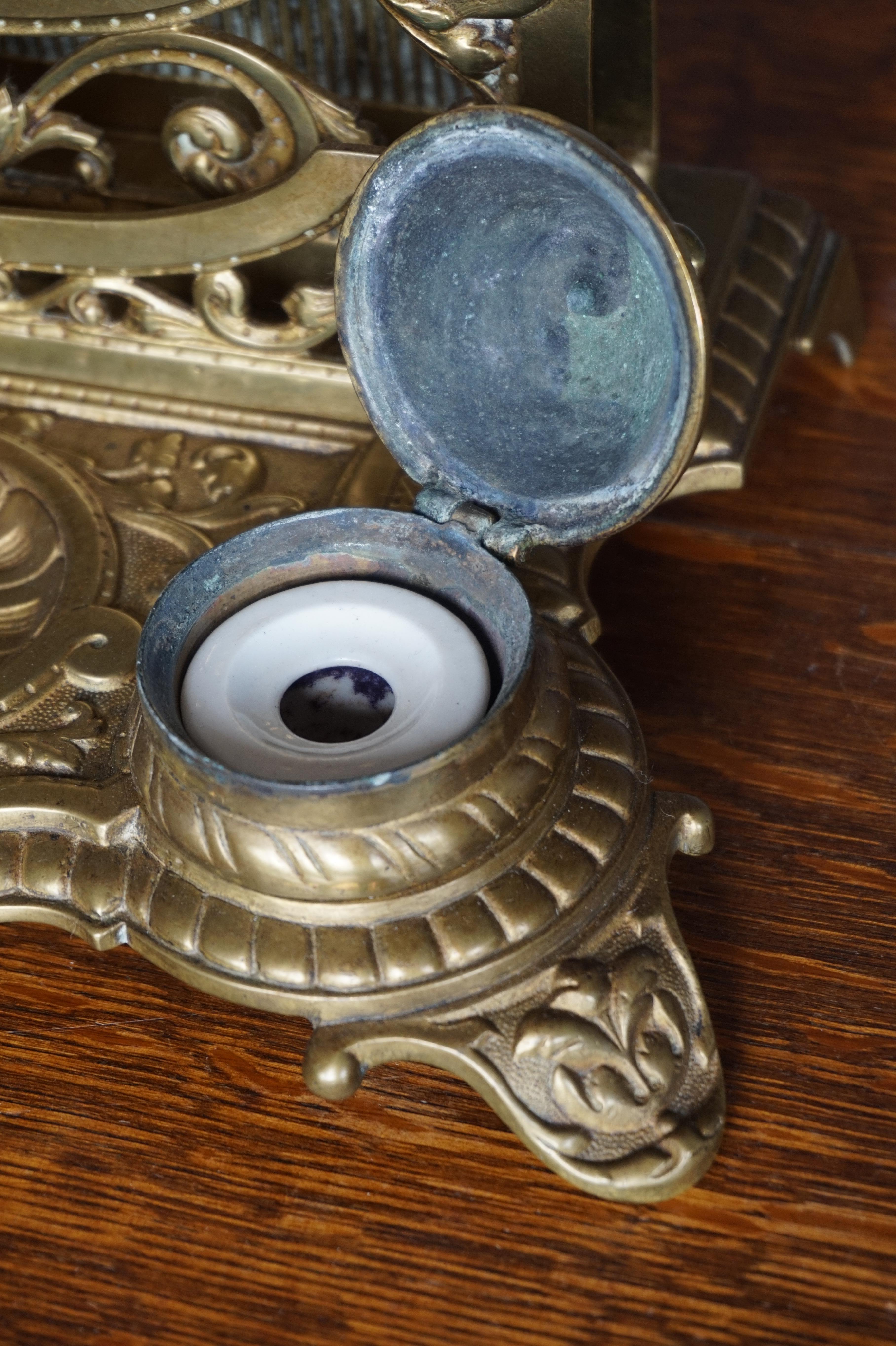 Polished Large Bronze Desk Stand with Inkwells Letter Rack and Porcelain Ink Holders For Sale