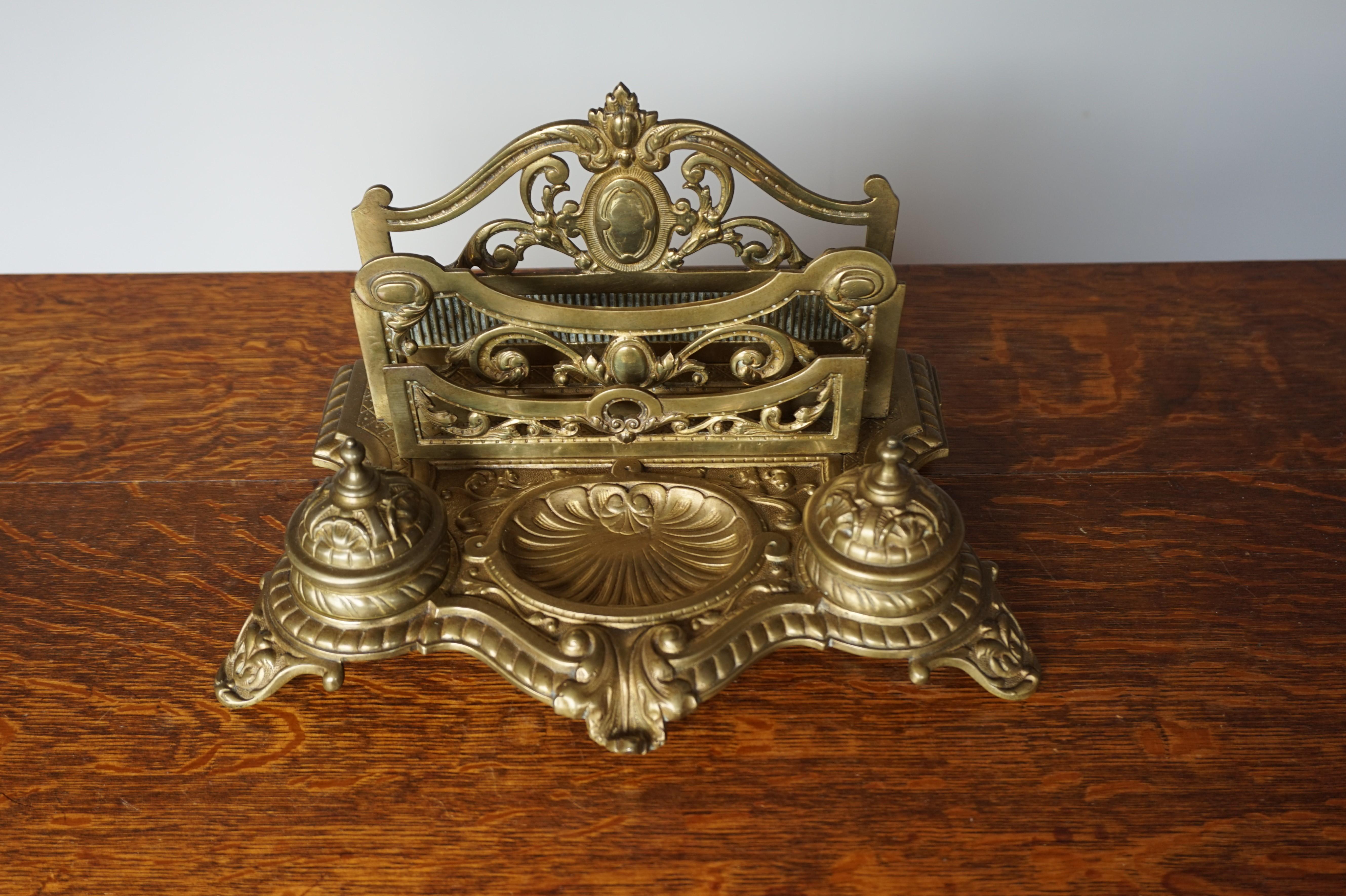 19th Century Large Bronze Desk Stand with Inkwells Letter Rack and Porcelain Ink Holders For Sale