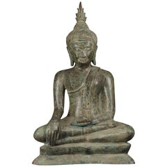 Large Antique Bronze Earth Enlightened Buddha Serene Downcast Eyes, 19th Century