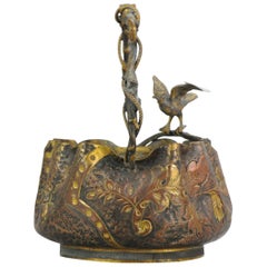 Large Antique Bronze Gilded Basket Japan 19th Century Bird Flower Scene