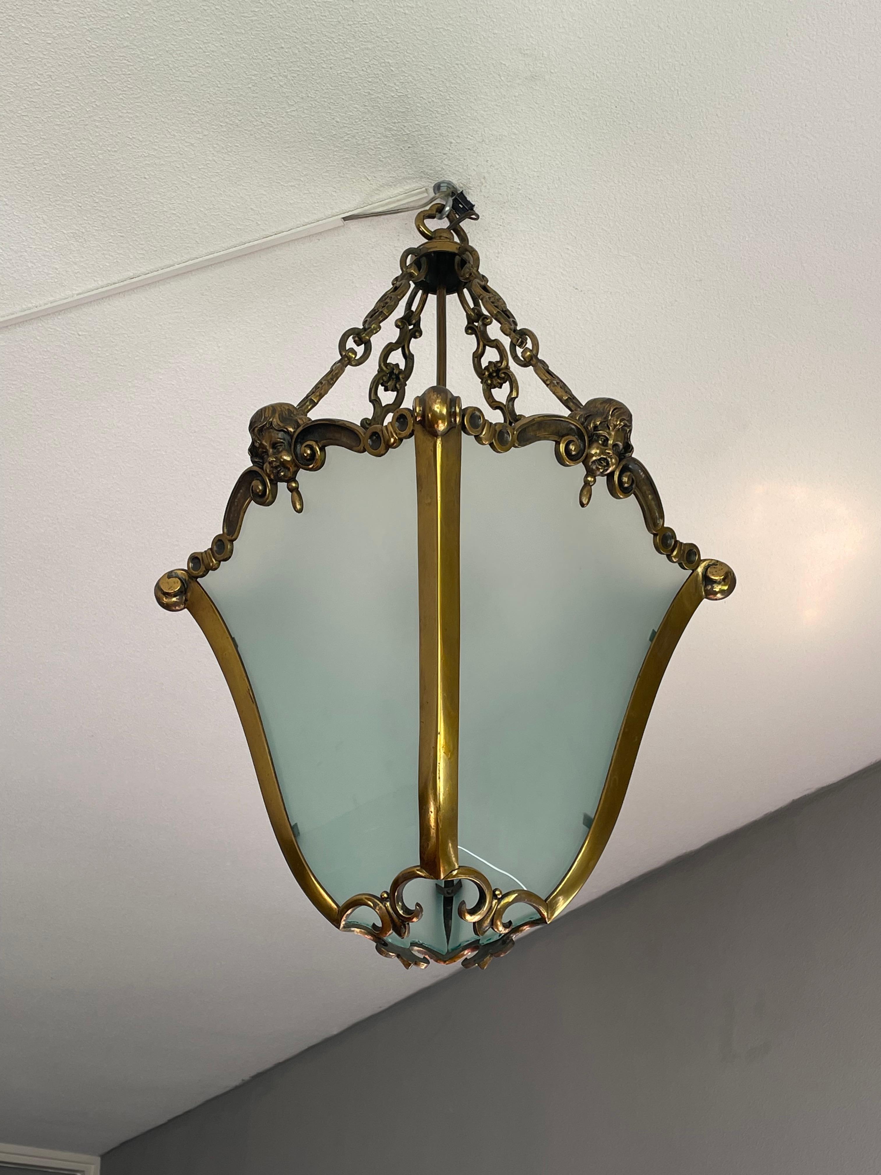 Forged Large Antique Bronze & Glass Victorian Hall Lantern / Pendant w. Angel Sculpture For Sale