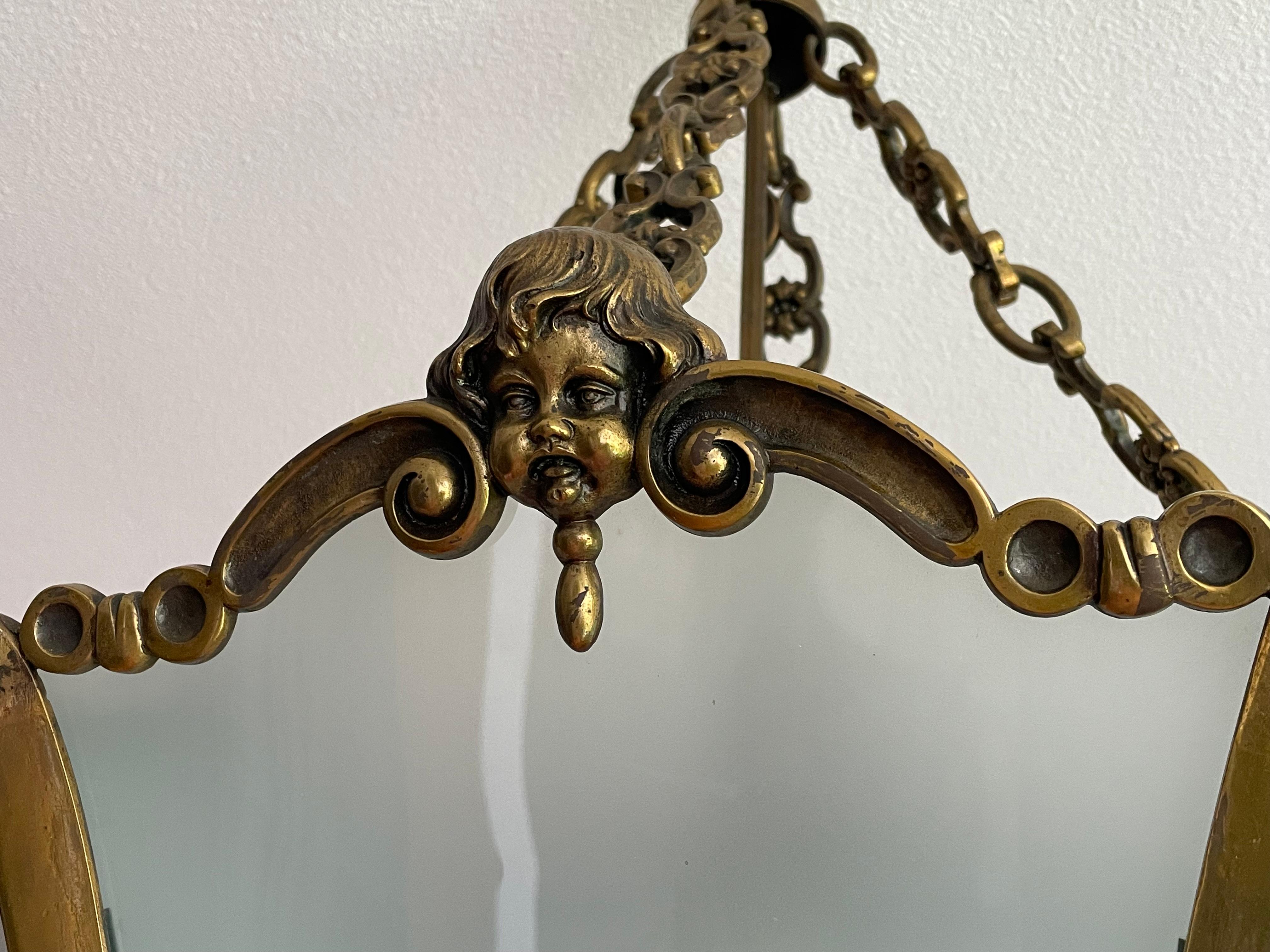 Brass Large Antique Bronze & Glass Victorian Hall Lantern / Pendant w. Angel Sculpture For Sale