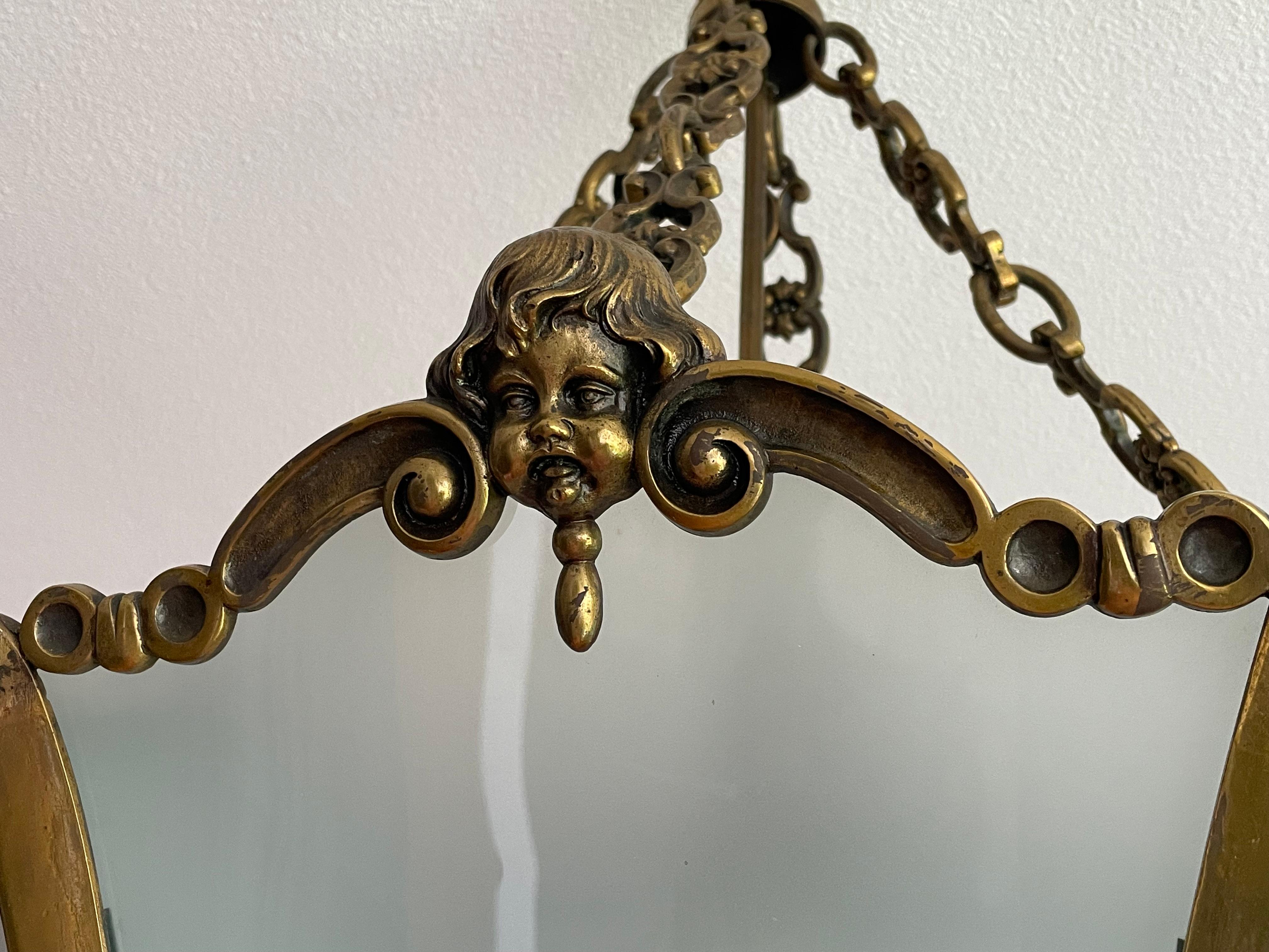 Blown Glass Large Antique Bronze & Glass Victorian Hall Lantern / Pendant w. Angel Sculpture