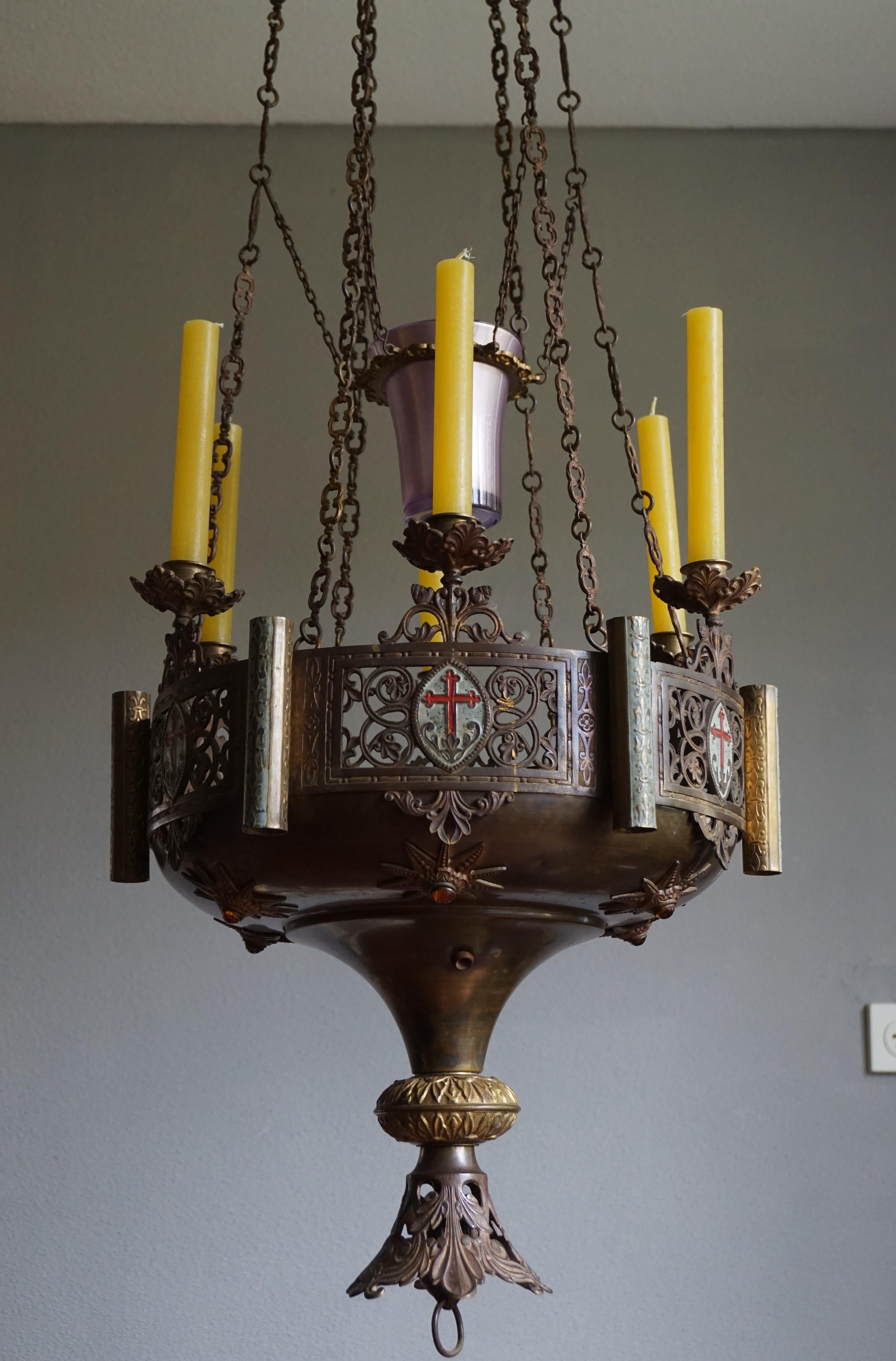 French Large Antique Bronze Gothic Revival Candle Chandelier and Church Sanctuary Lamp For Sale
