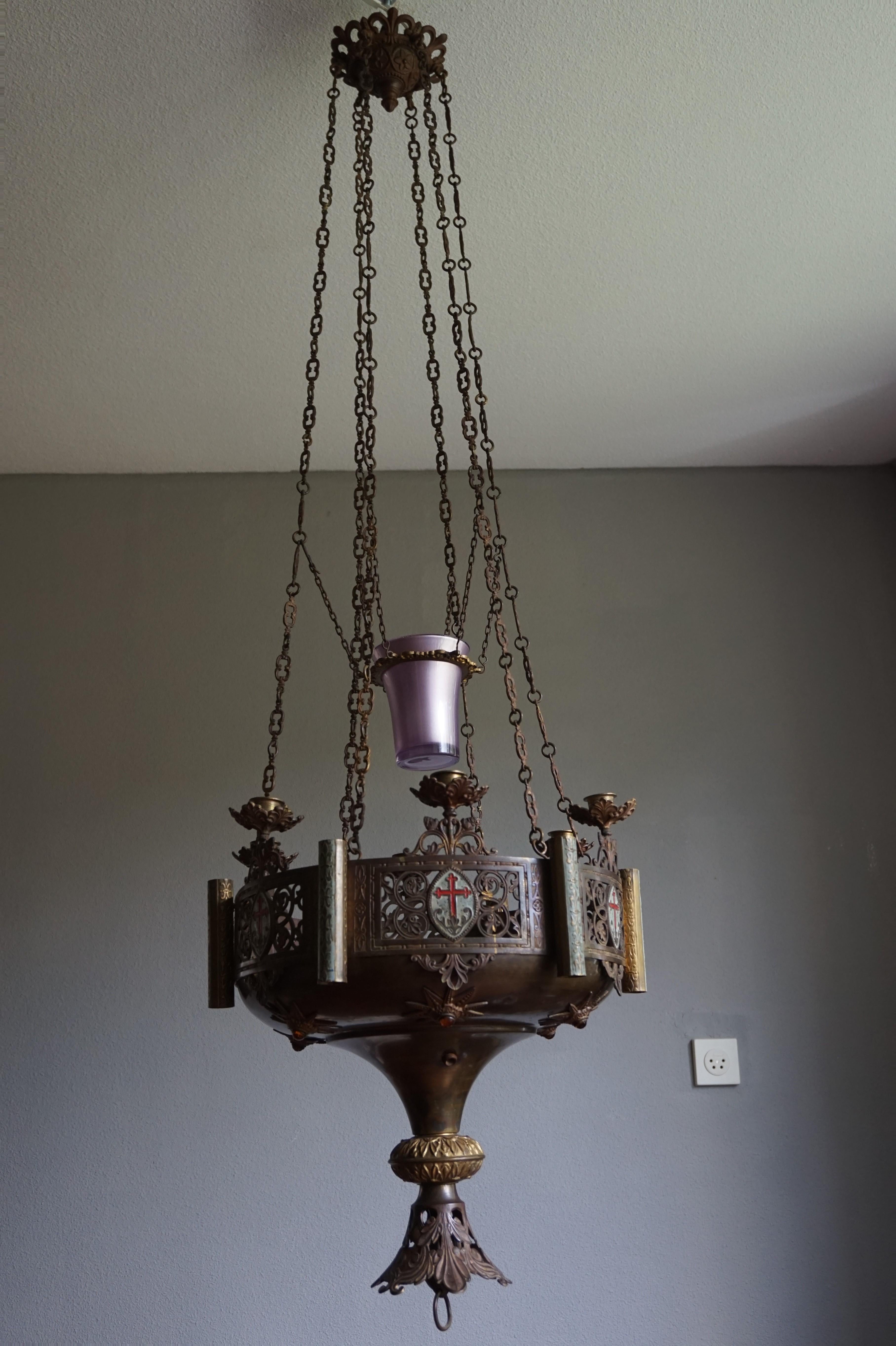 Hand-Crafted Large Antique Bronze Gothic Revival Candle Chandelier and Church Sanctuary Lamp For Sale