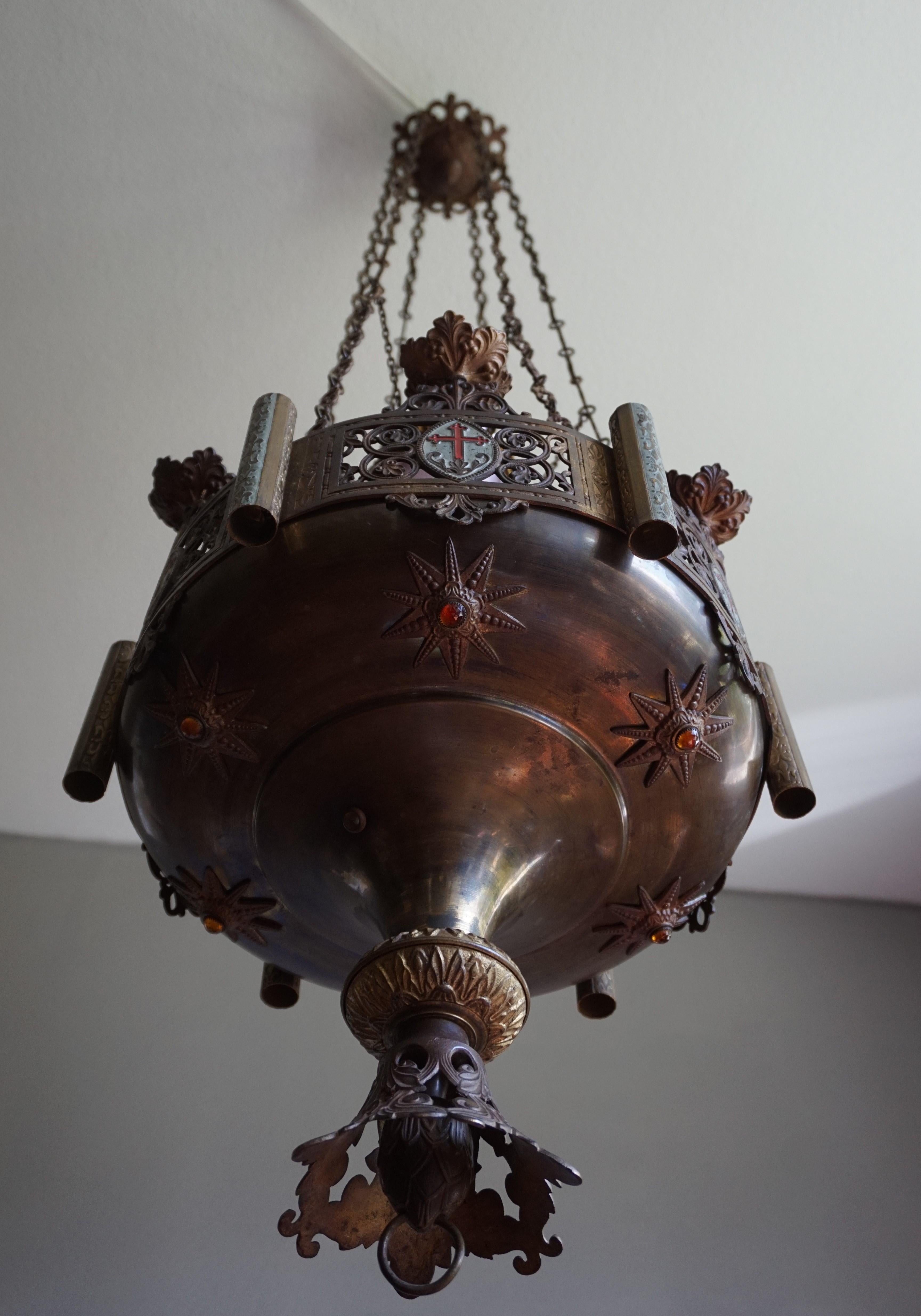 19th Century Large Antique Bronze Gothic Revival Candle Chandelier and Church Sanctuary Lamp For Sale