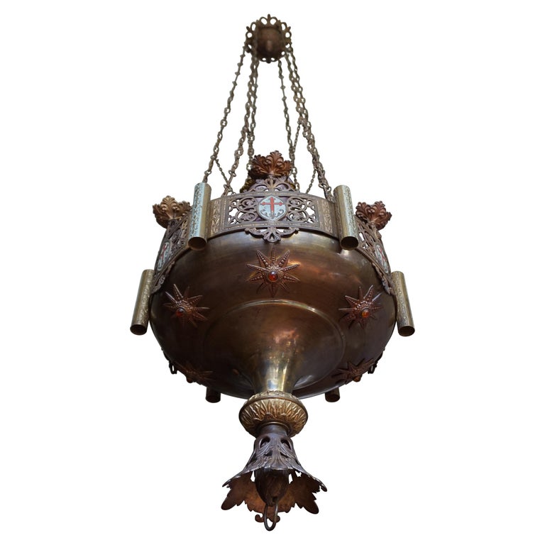 Large Antique Bronze Gothic Revival Candle Chandelier and Church