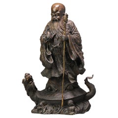 Large Antique Bronze Japanese Statue Decorated Shou Lao and Turtle