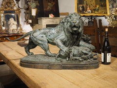 Large Antique Bronze, The Lion of Senegal Attacking an Antelope-Delabrierre 1866