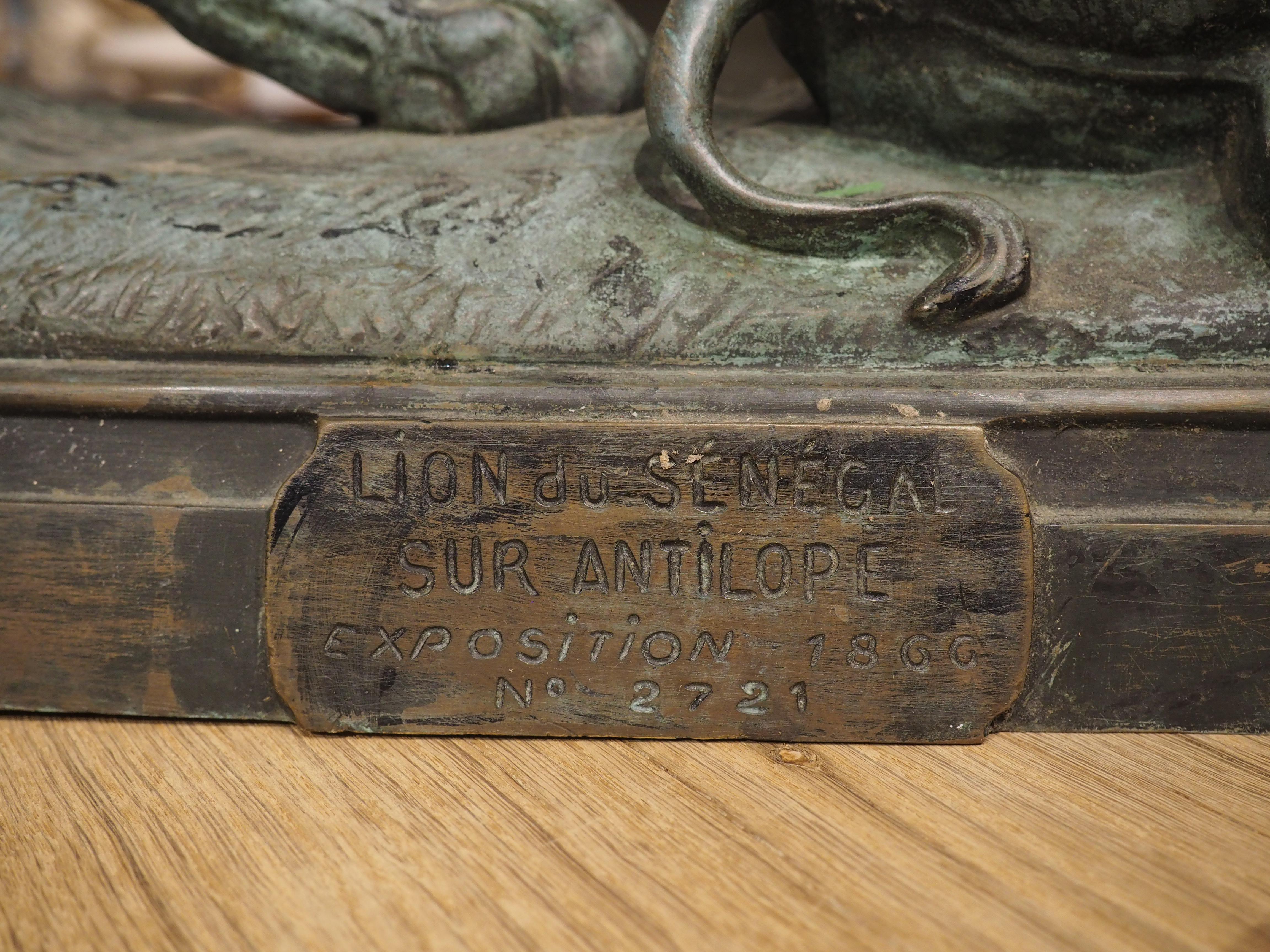 Grand bronze ancien, le lion du Senegal attachant une Antilope-Delabrierre 1866 Bon état à Dallas, TX