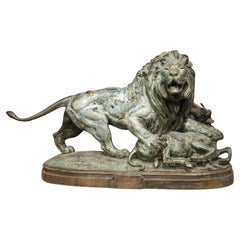 Grand bronze ancien, le lion du Senegal attachant une Antilope-Delabrierre 1866