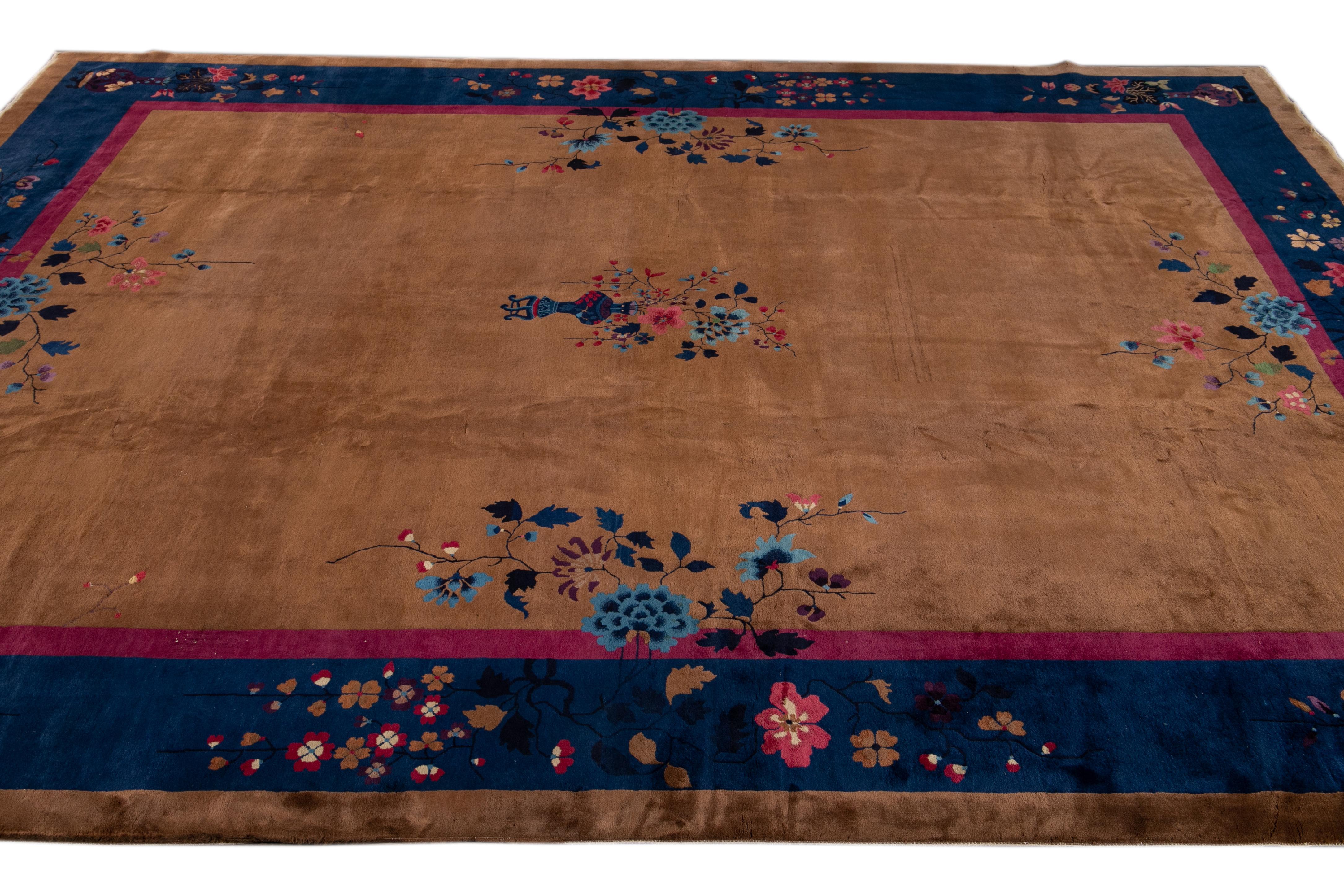 Large Antique Brown Art Deco Chinese Wool Rug For Sale 5