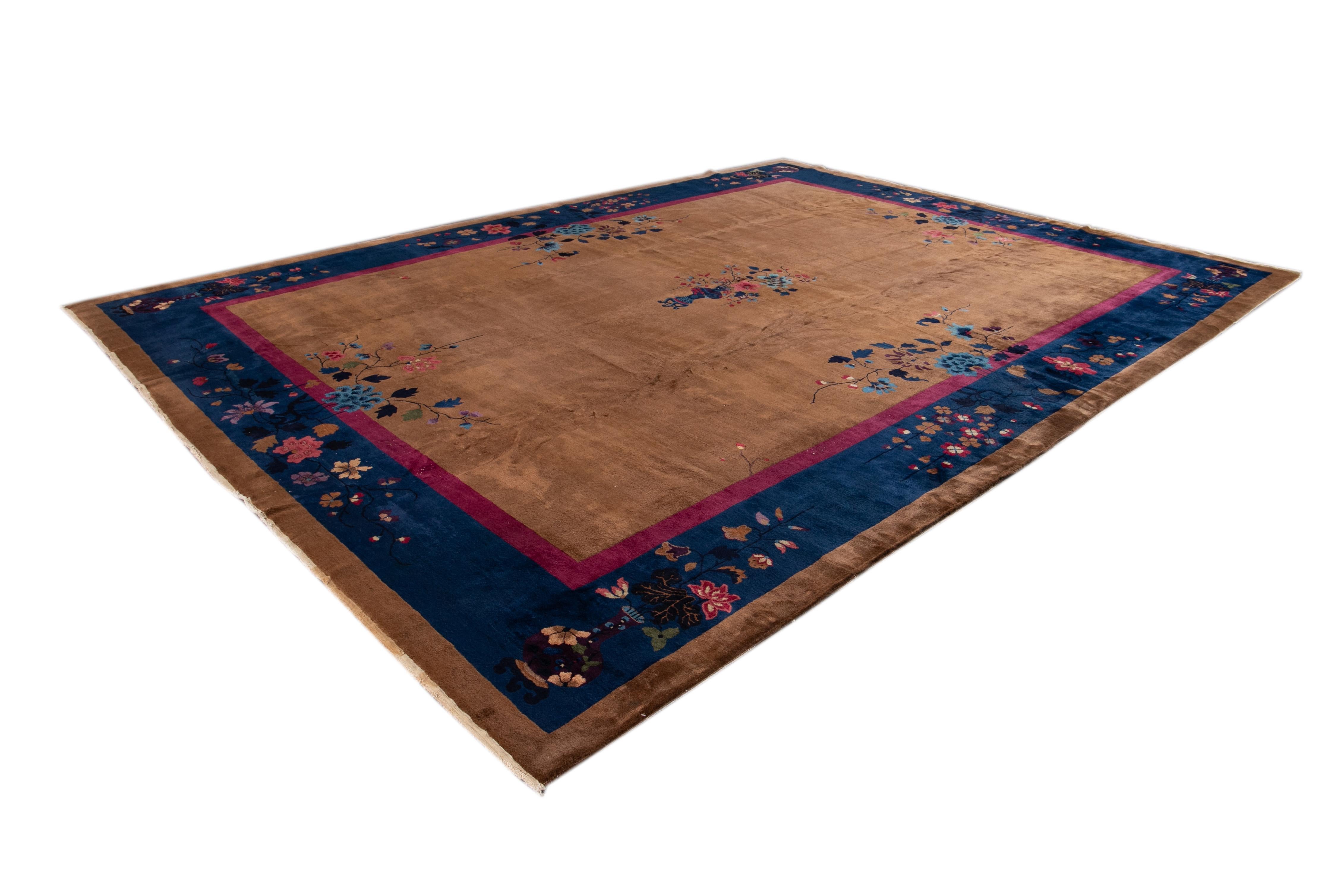 Hand-Knotted Large Antique Brown Art Deco Chinese Wool Rug For Sale