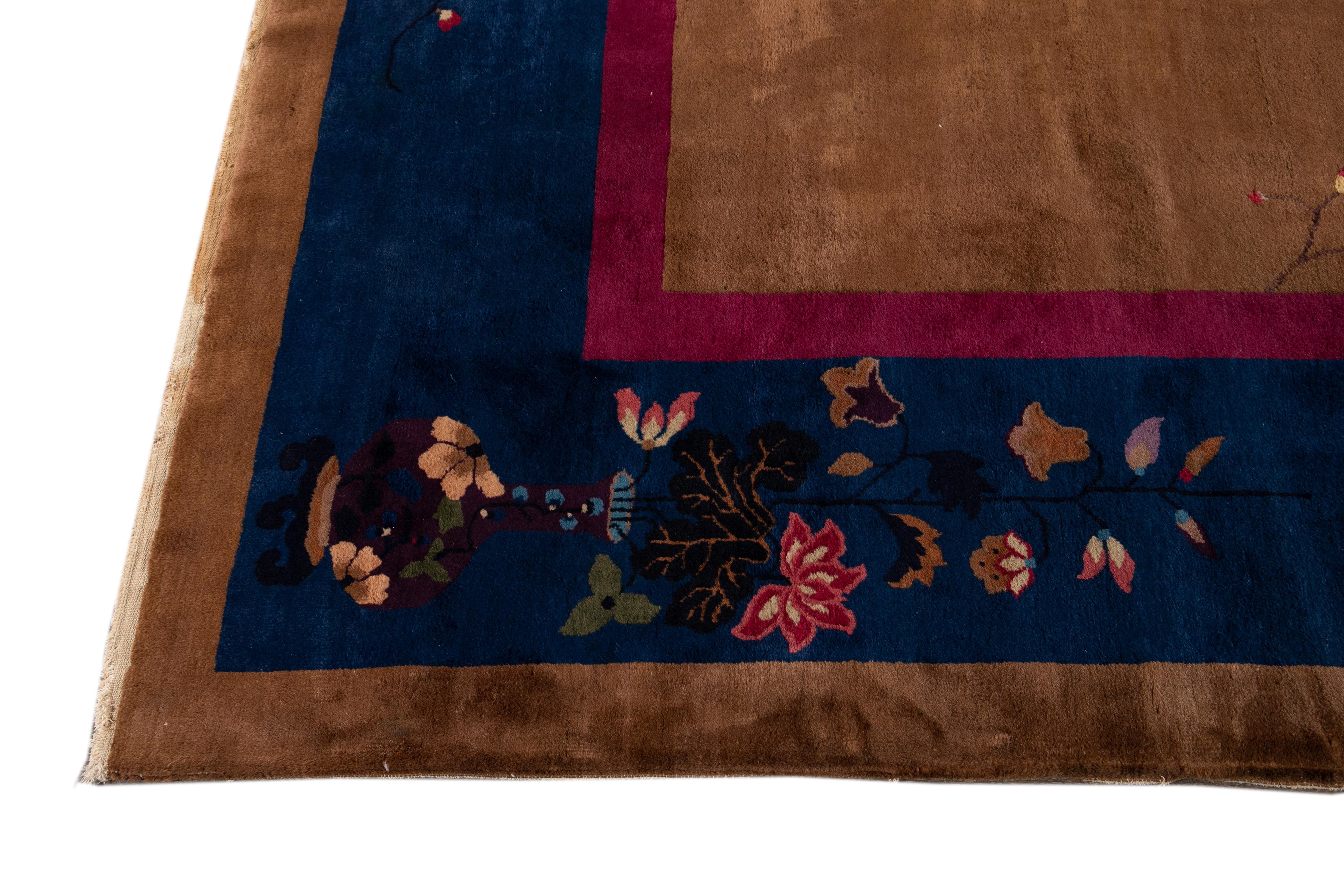 Large Antique Brown Art Deco Chinese Wool Rug In Excellent Condition For Sale In Norwalk, CT