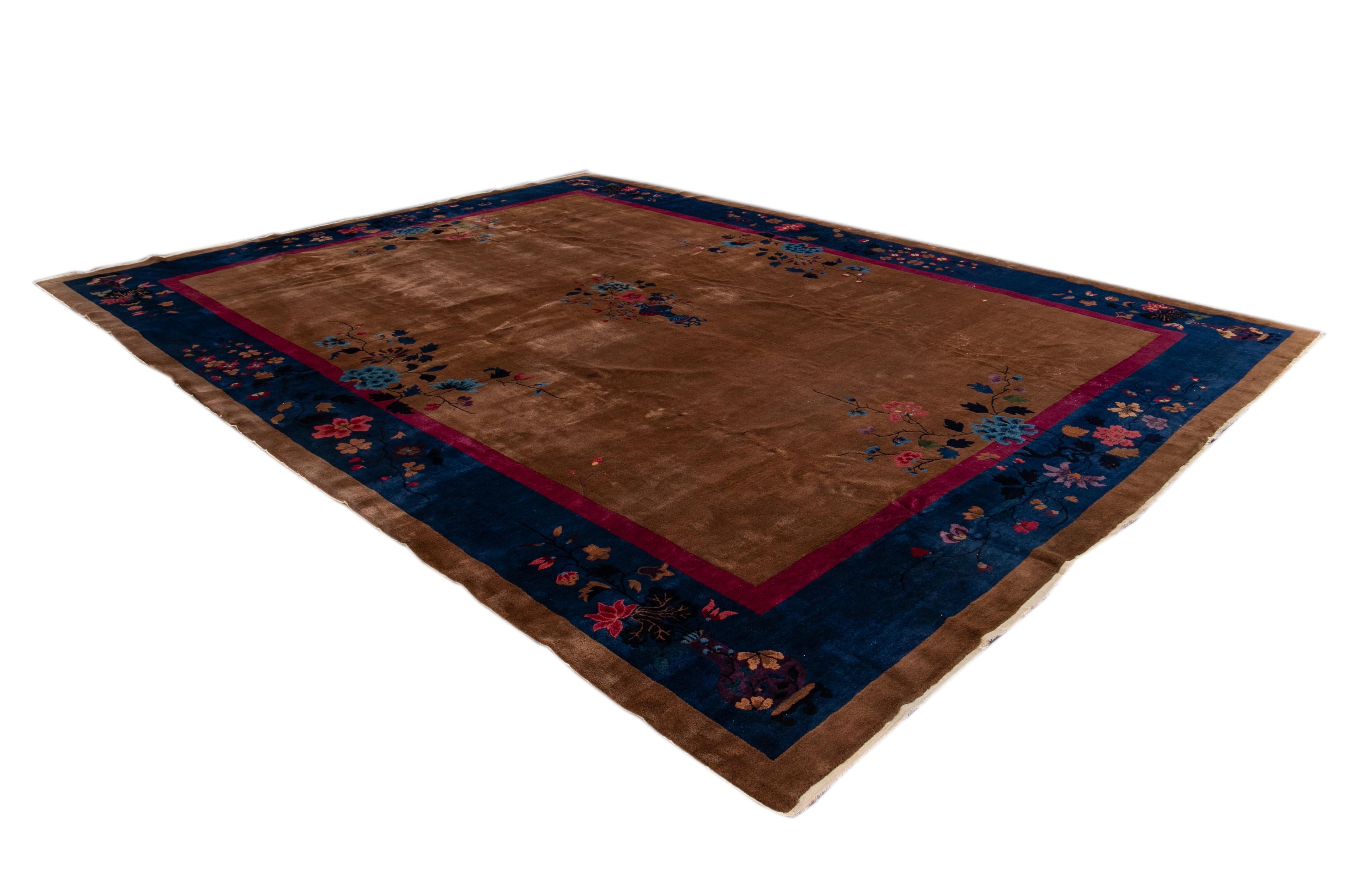 Large Antique Brown Art Deco Chinese Wool Rug For Sale 3