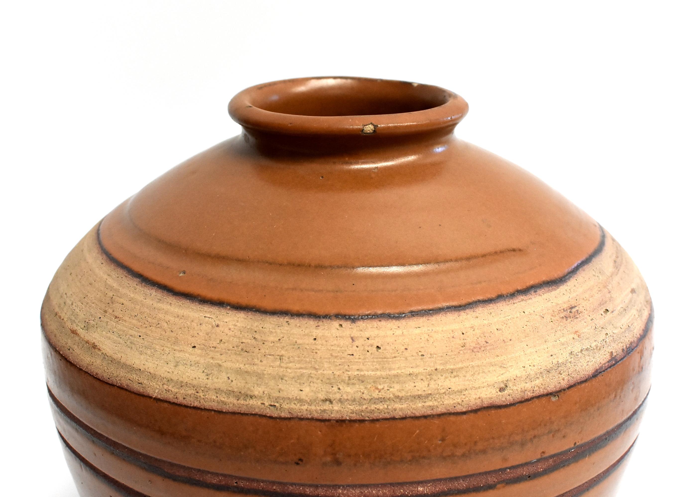 Large Antique Brown Jar with Black Rings, Handmade Chinese Pottery 4
