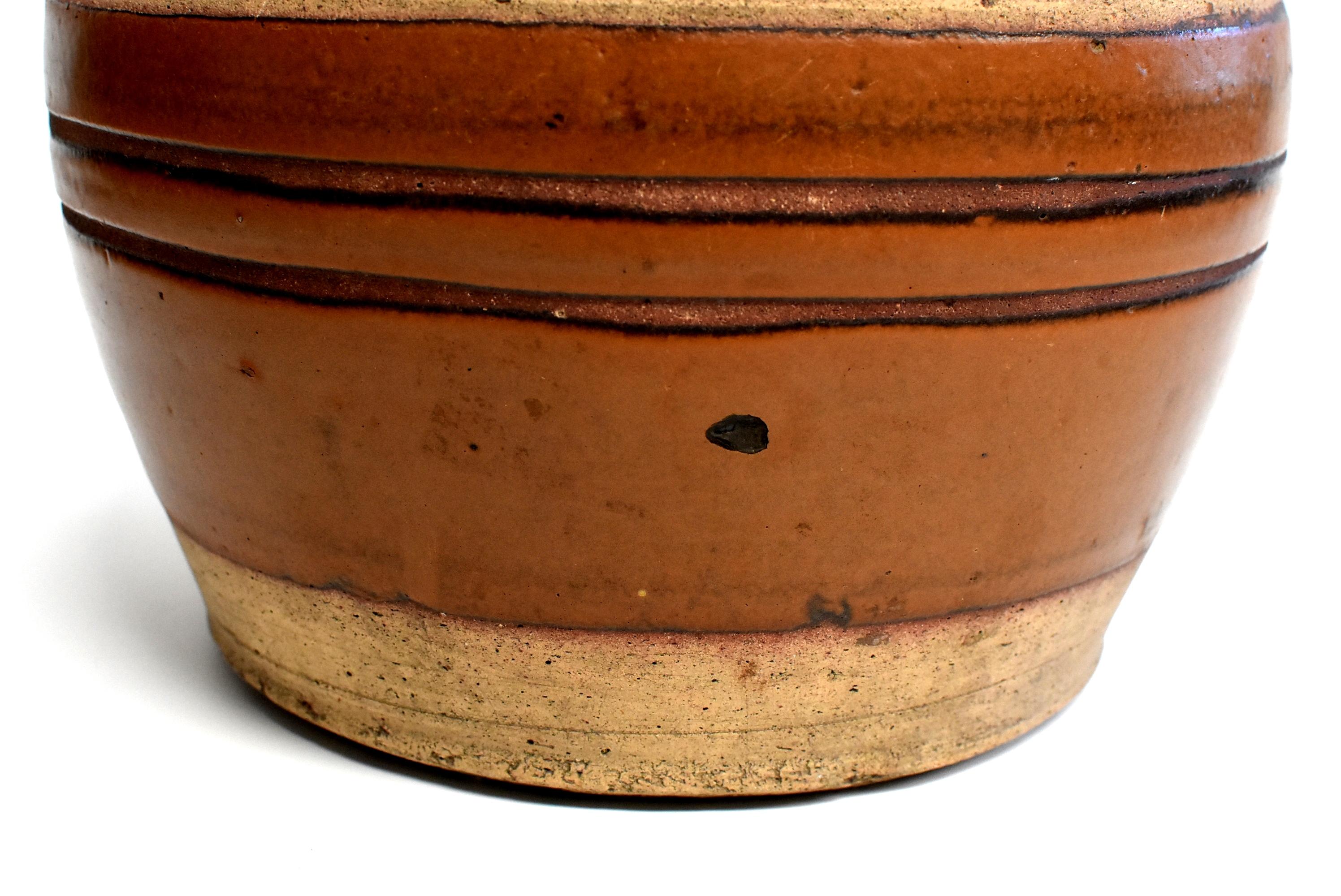 Large Antique Brown Jar with Black Rings, Handmade Chinese Pottery 12