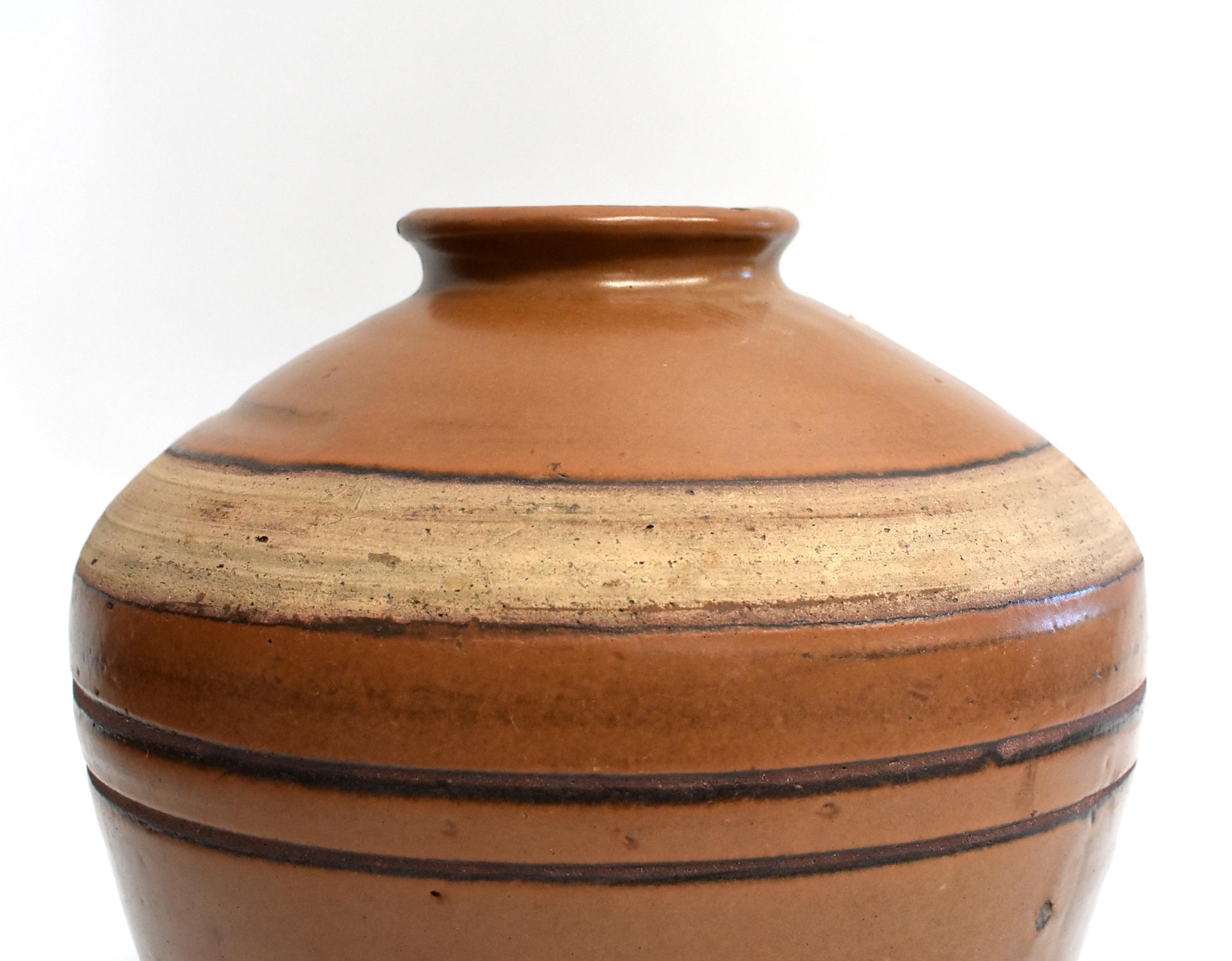 Glazed Large Antique Brown Jar with Black Rings, Handmade Chinese Pottery