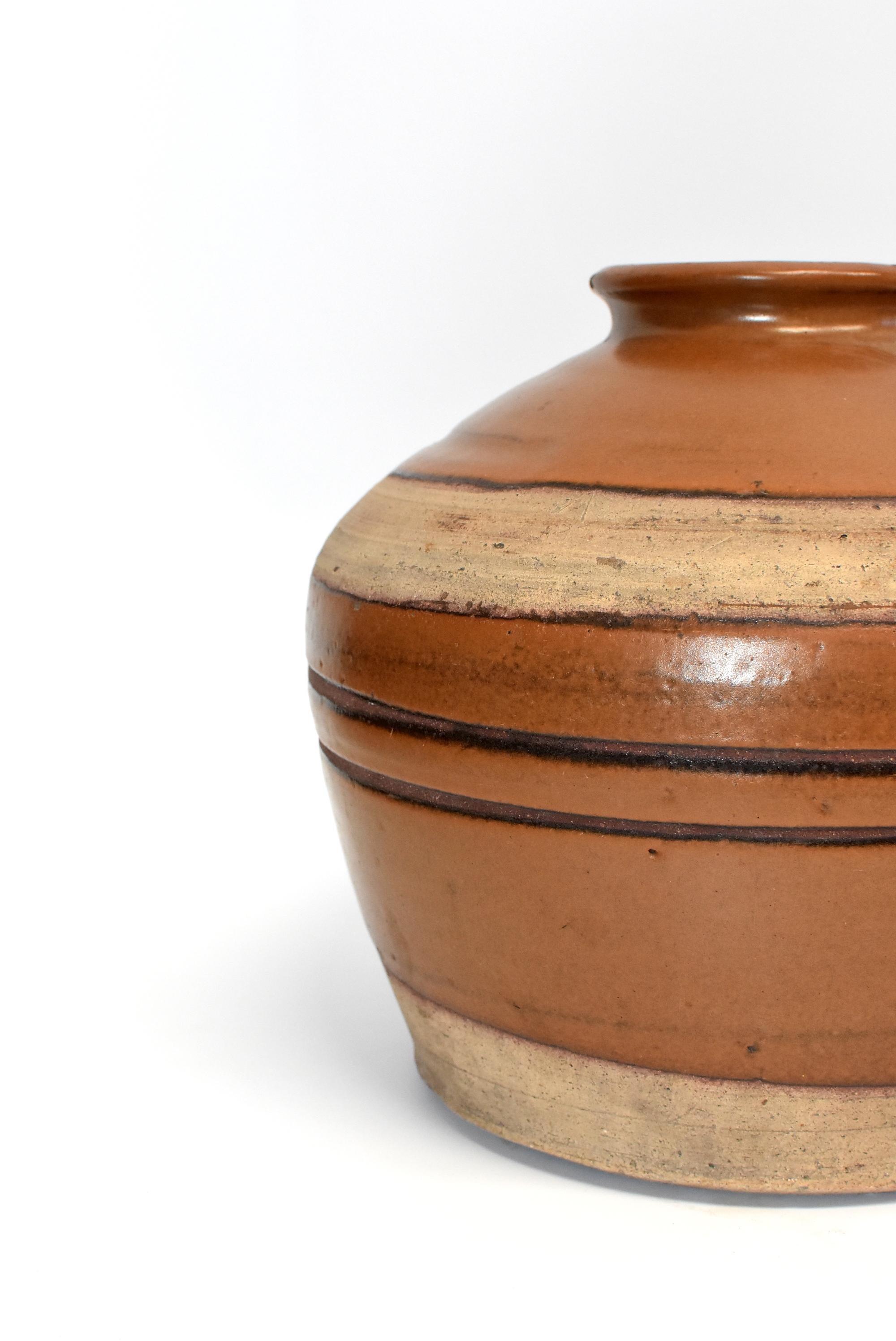 Large Antique Brown Jar with Black Rings, Handmade Chinese Pottery In Good Condition In Somis, CA