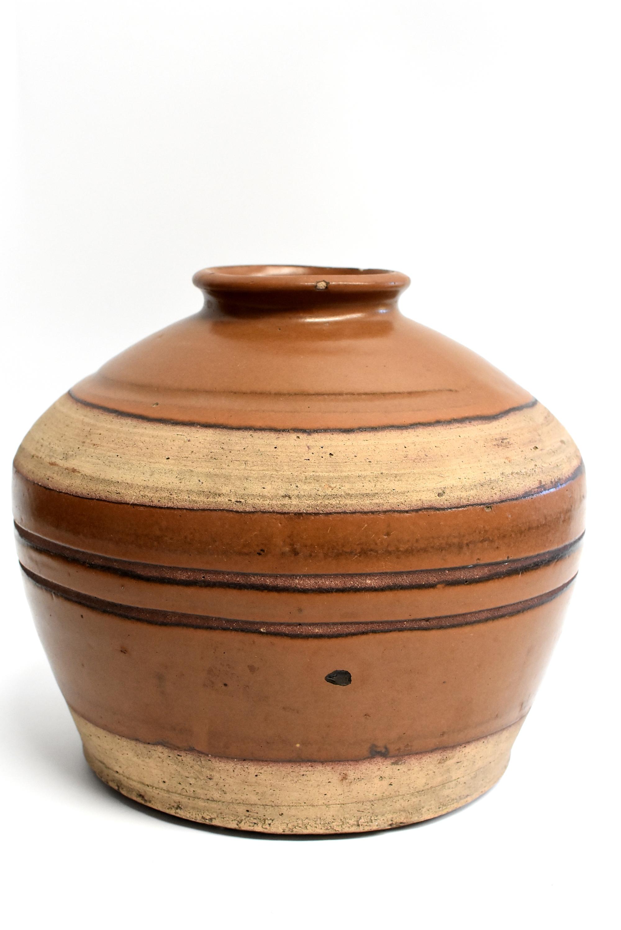 Large Antique Brown Jar with Black Rings, Handmade Chinese Pottery 3