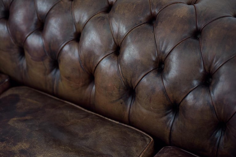 Vintage Iconic Large Three-seater Antique Brown Leather Chesterfield Sofa, 1920s For Sale 9