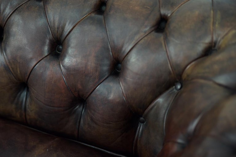 British Vintage Iconic Large Three-seater Antique Brown Leather Chesterfield Sofa, 1920s For Sale