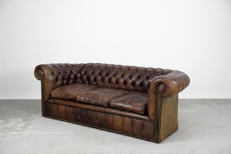 Vintage Iconic Large Three-seater Antique Brown Leather Chesterfield Sofa, 1920s For Sale 1