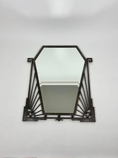 Grand Antique Brutalist Art Deco metal frame wall mirror, France c.1920