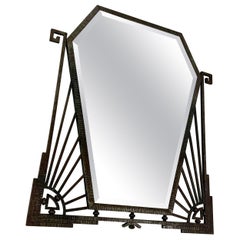 Large Antique Brutalist Art Deco metal frame wall mirror, France c.1920