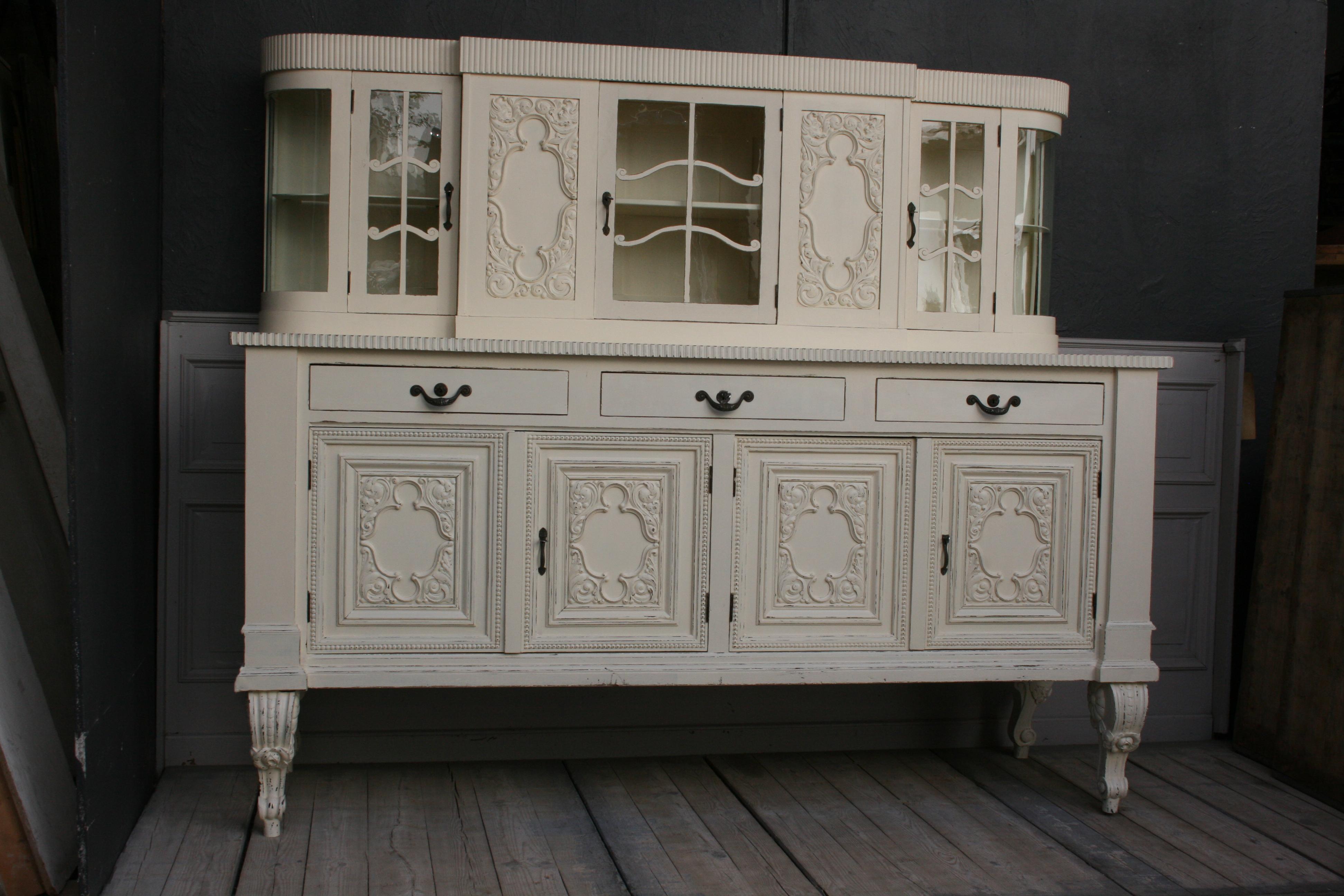 Wood Large Antique Buffet Cabinet, Historicism, circa 1920, Cream Painted