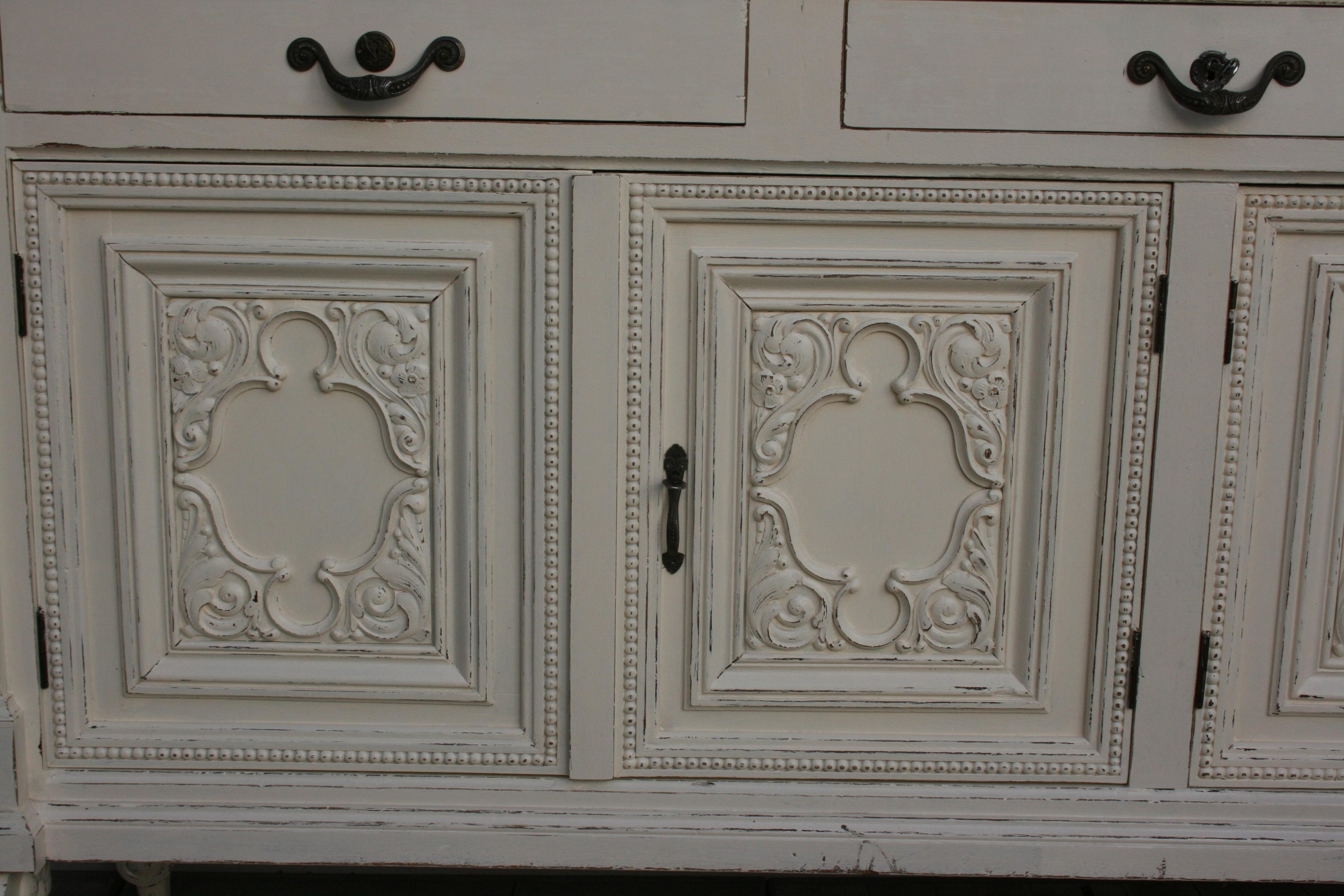 Large Antique Buffet Cabinet, Historicism, circa 1920, Cream Painted 7