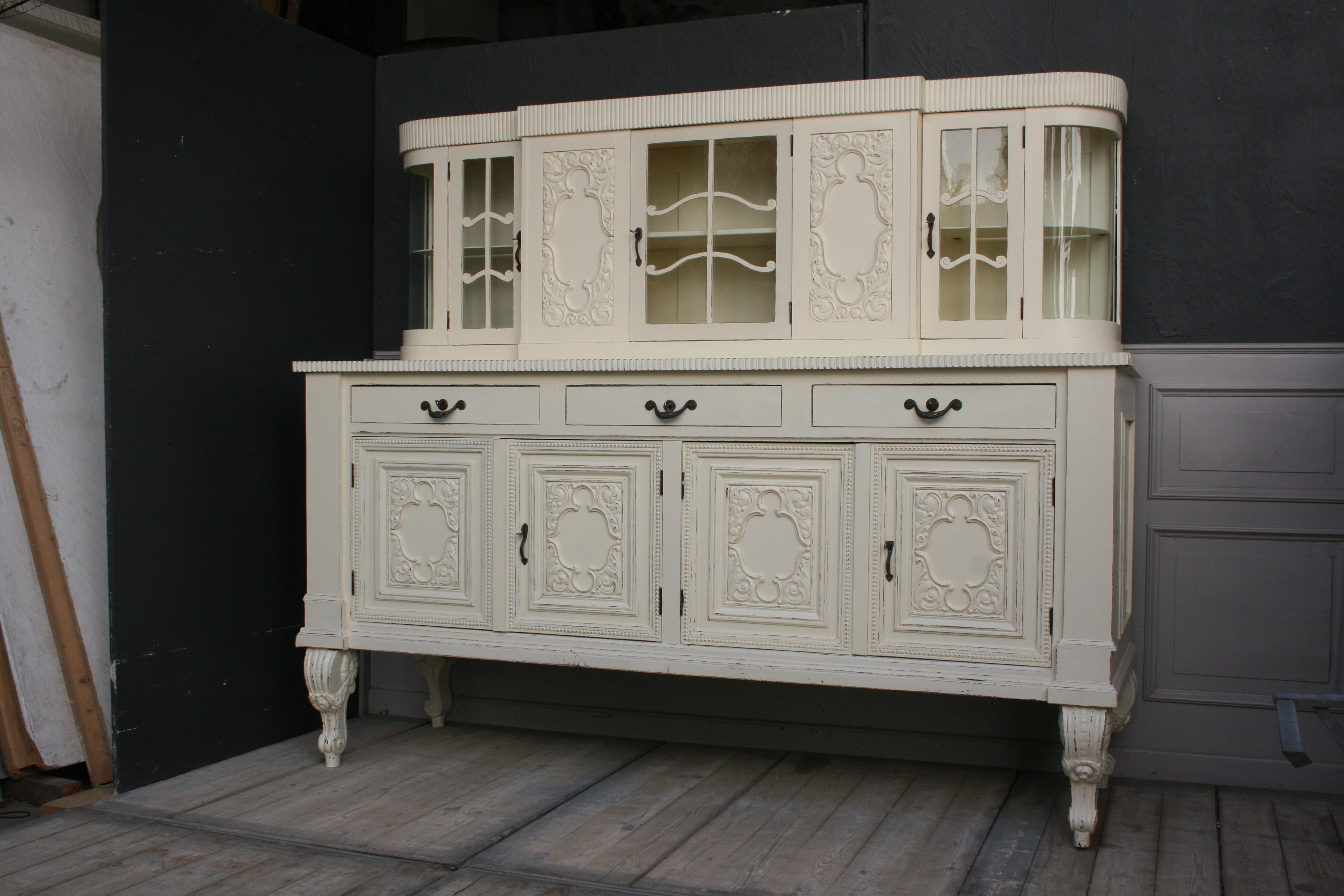 Carved Large Antique Buffet Cabinet, Historicism, circa 1920, Cream Painted