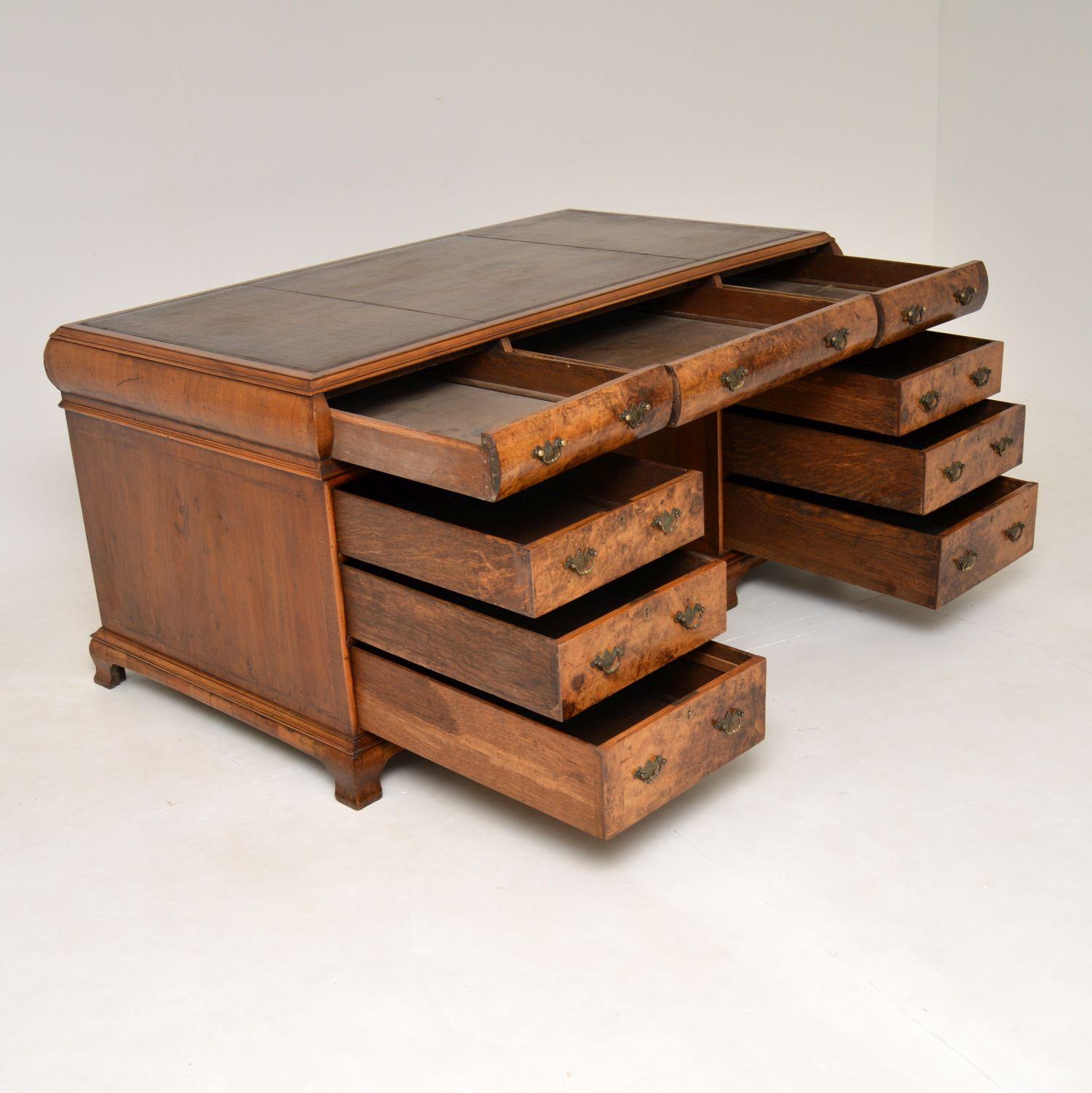 Large Antique Burr Walnut Leather Top Pedestal Desk 5