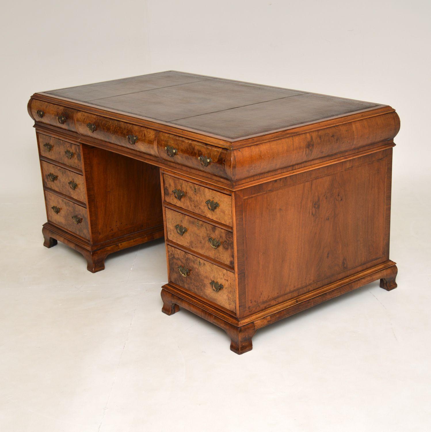 Large Antique Burr Walnut Leather Top Pedestal Desk 6