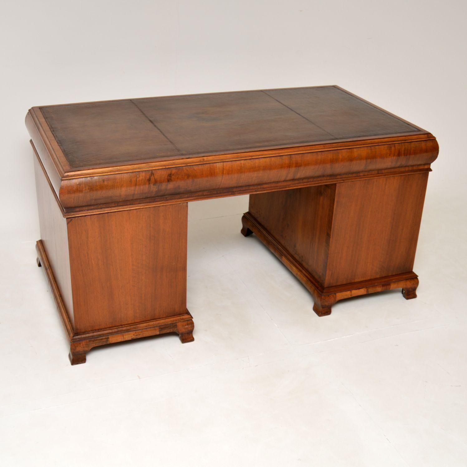 Large Antique Burr Walnut Leather Top Pedestal Desk 7