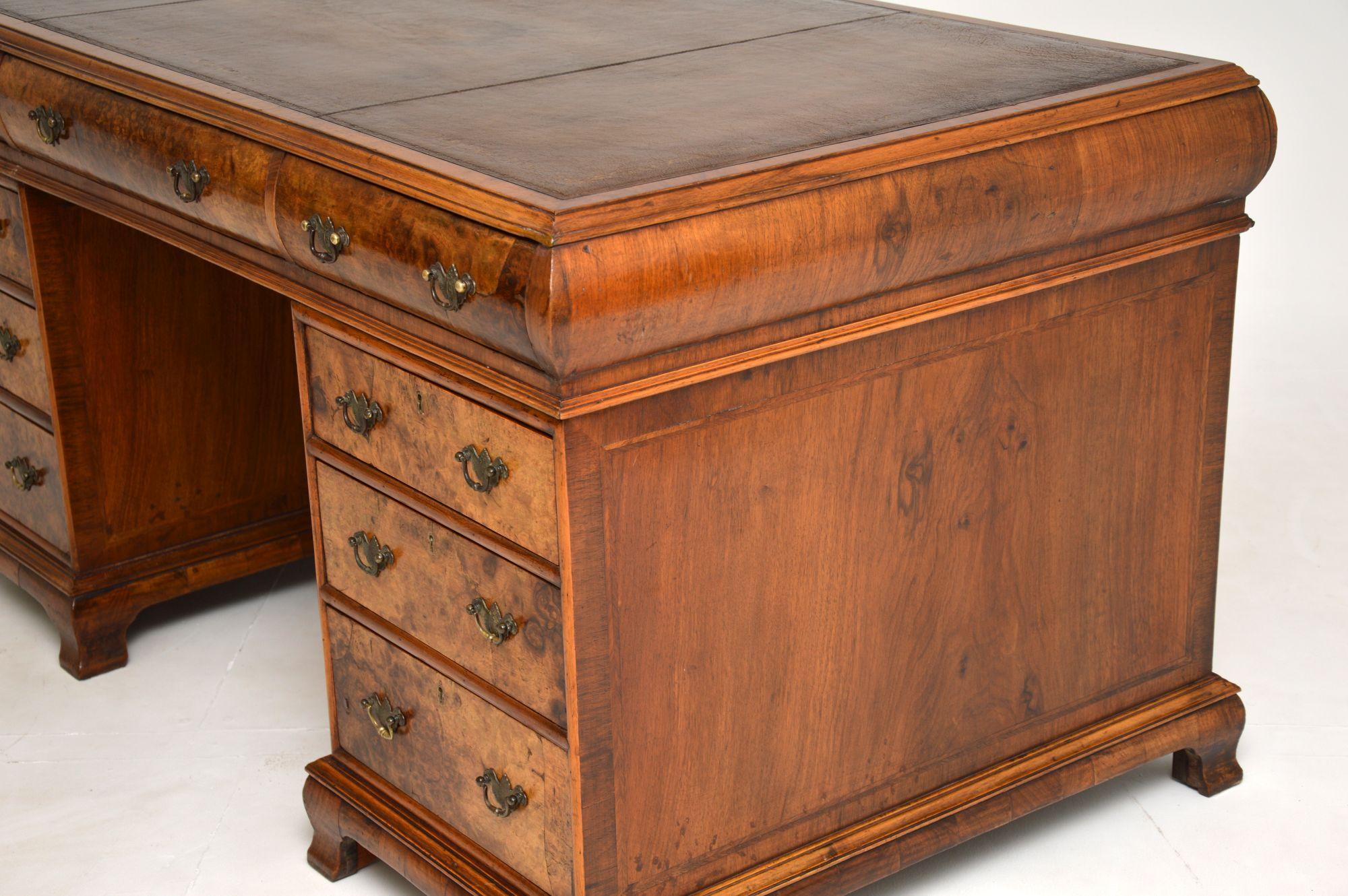 Large Antique Burr Walnut Leather Top Pedestal Desk 10