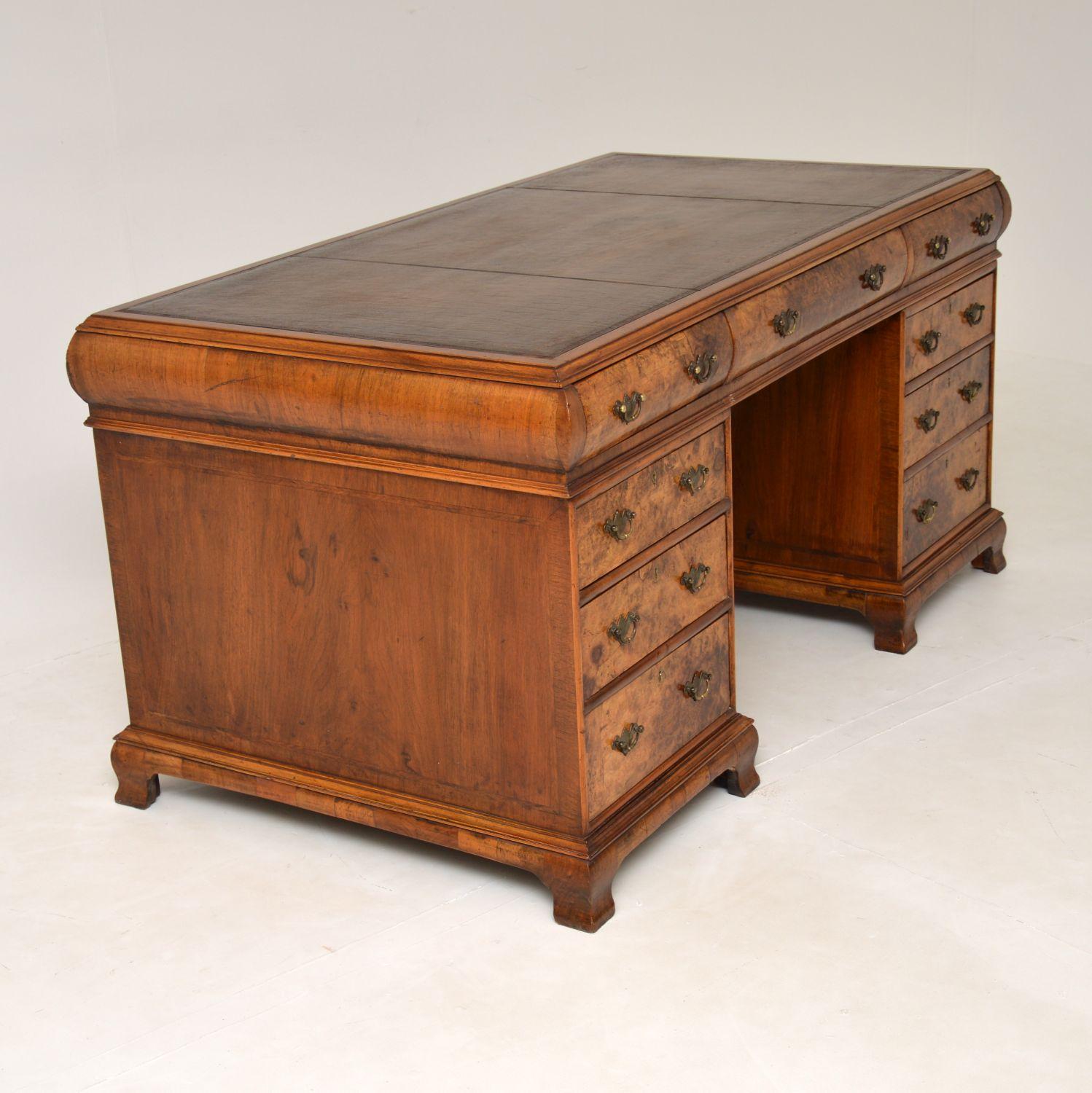 20th Century Large Antique Burr Walnut Leather Top Pedestal Desk