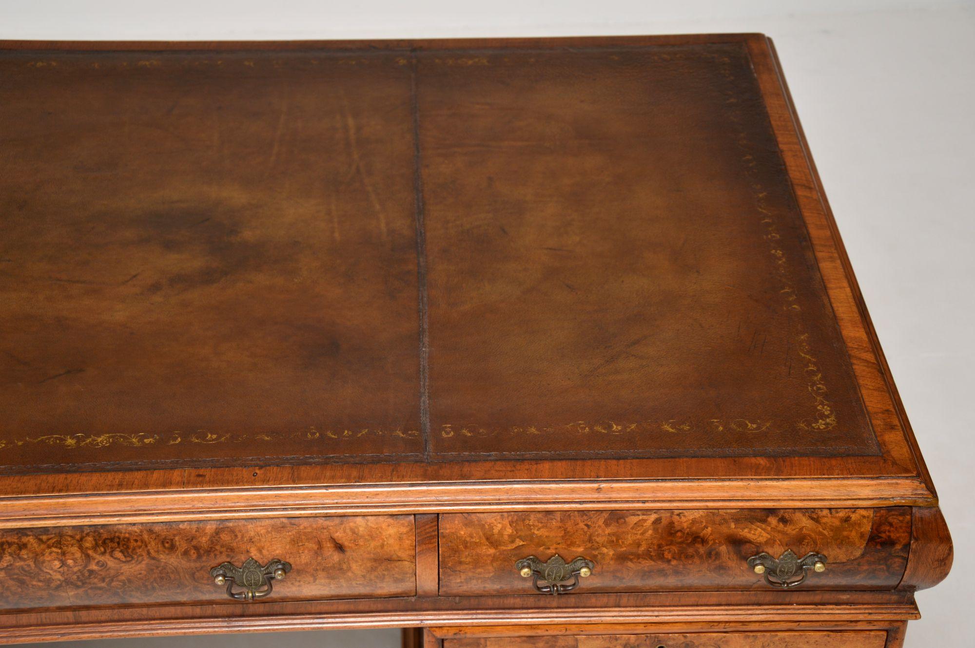 Large Antique Burr Walnut Leather Top Pedestal Desk 1
